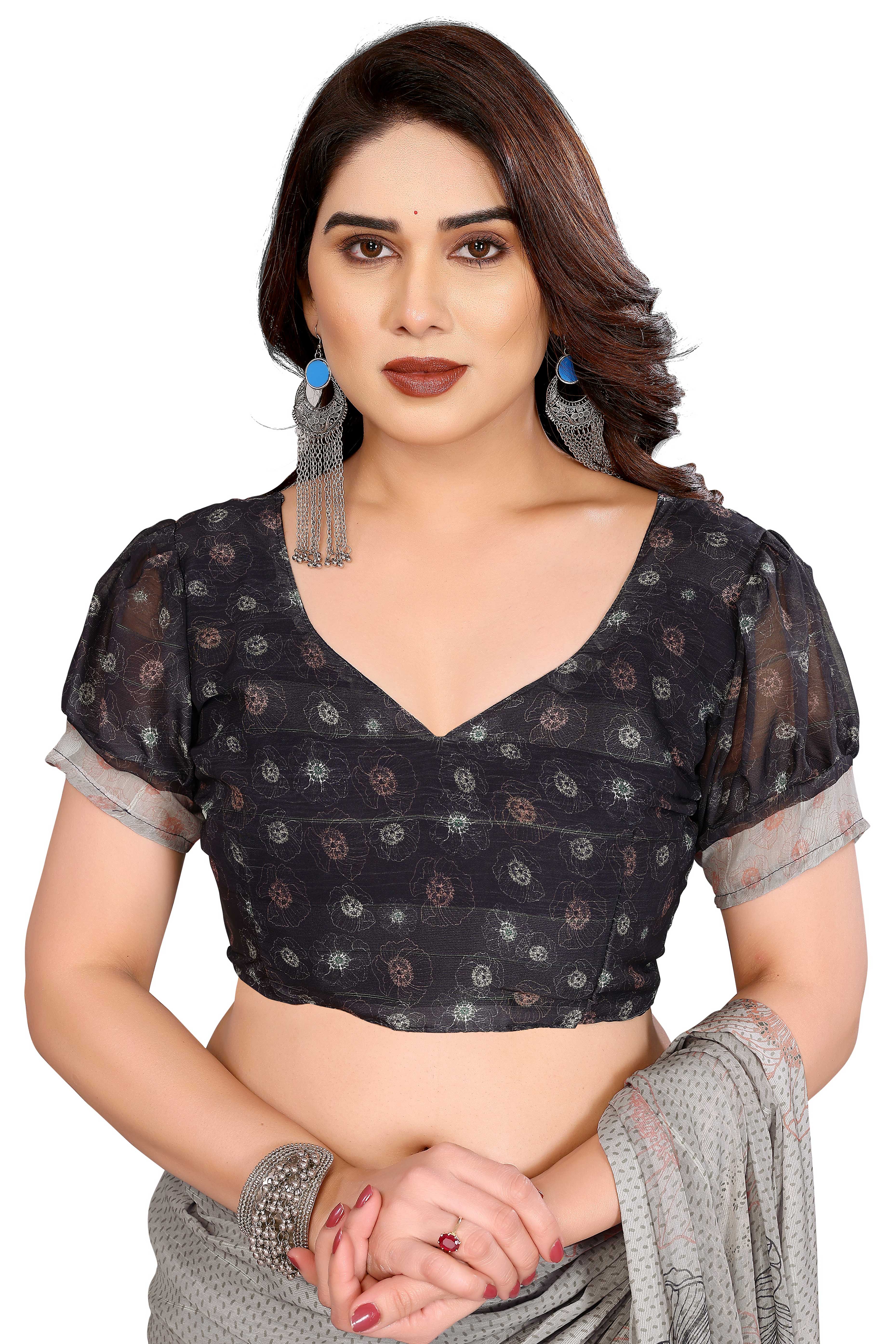 Luxury Grey Floral Digital Print Georgette Saree With Subtle Zari Highlights & Vibrant Striped