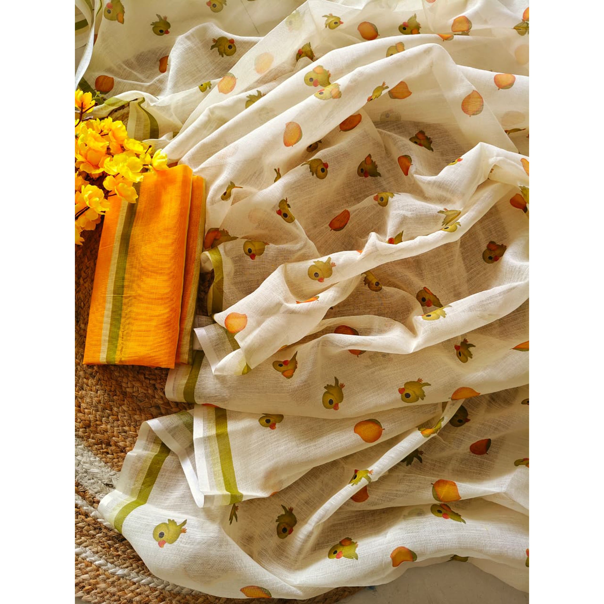 Minimalist Off White Linen Cotton Saree with Elegant Printed Patterns