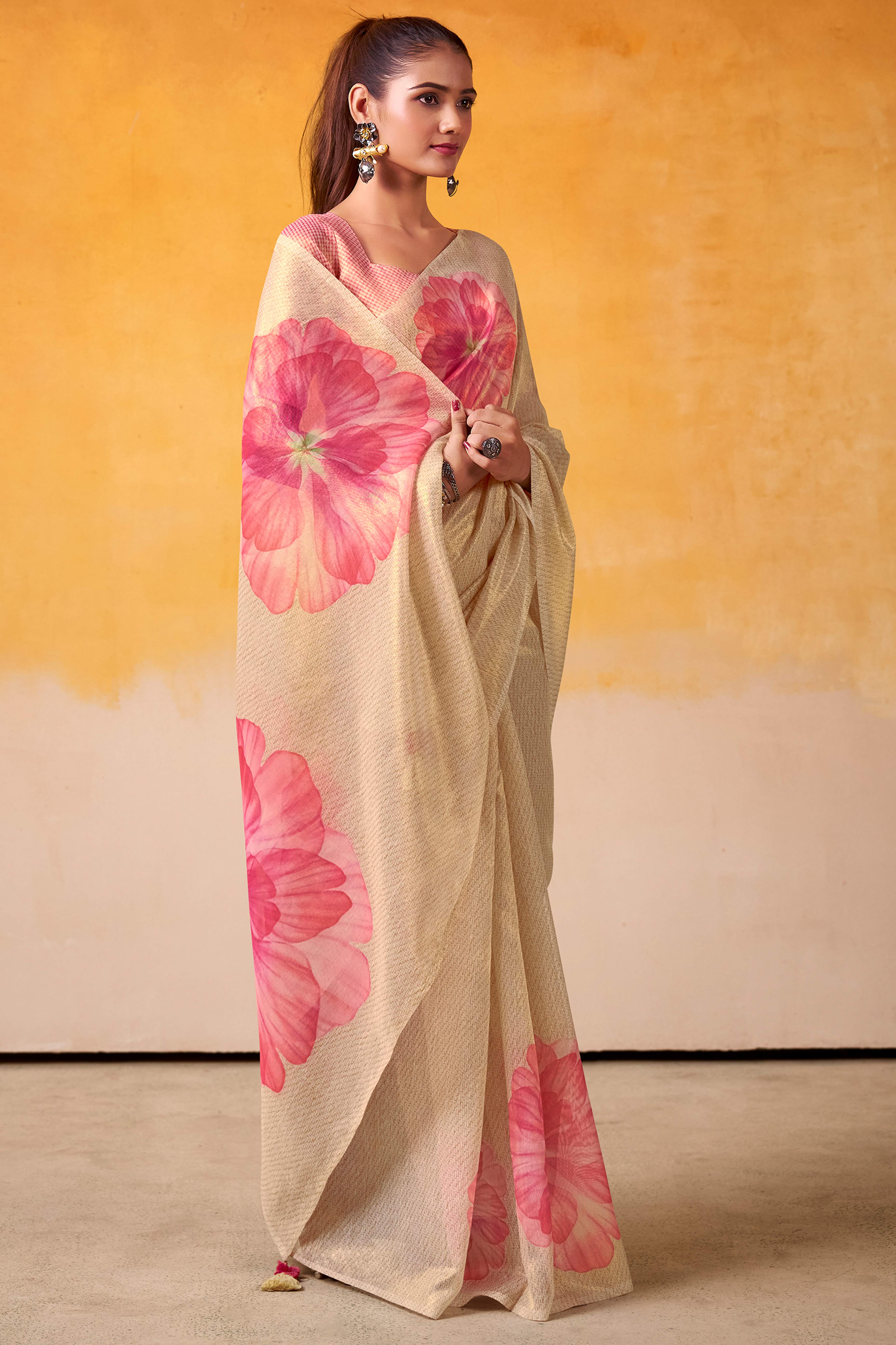 Sophisticated Cream Floral Digital Print Tissue Saree Enhanced With Handmade Tassels