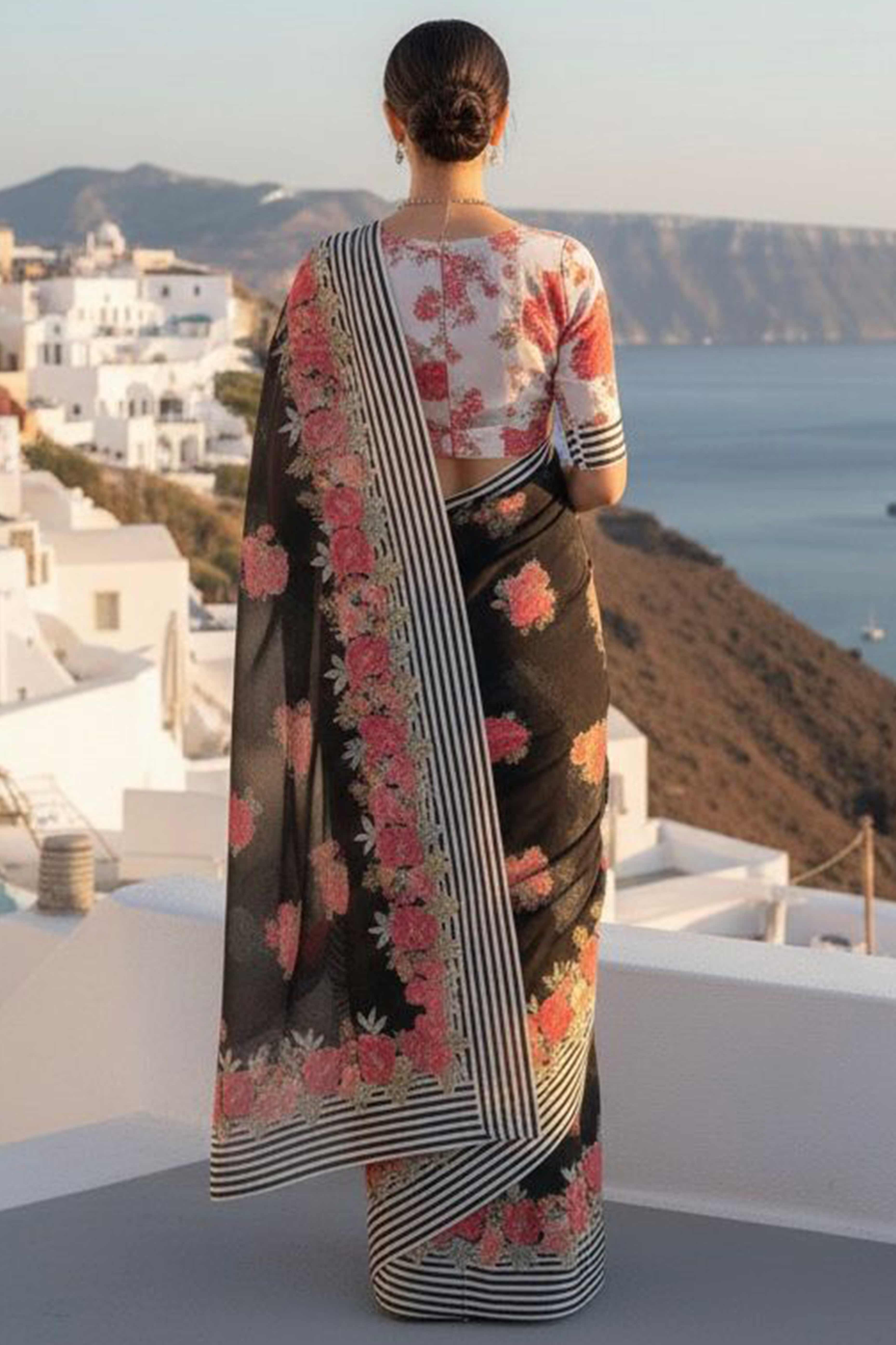 Vibrant Black Georgette Saree Adorned with Floral Digital Print & Satin Border