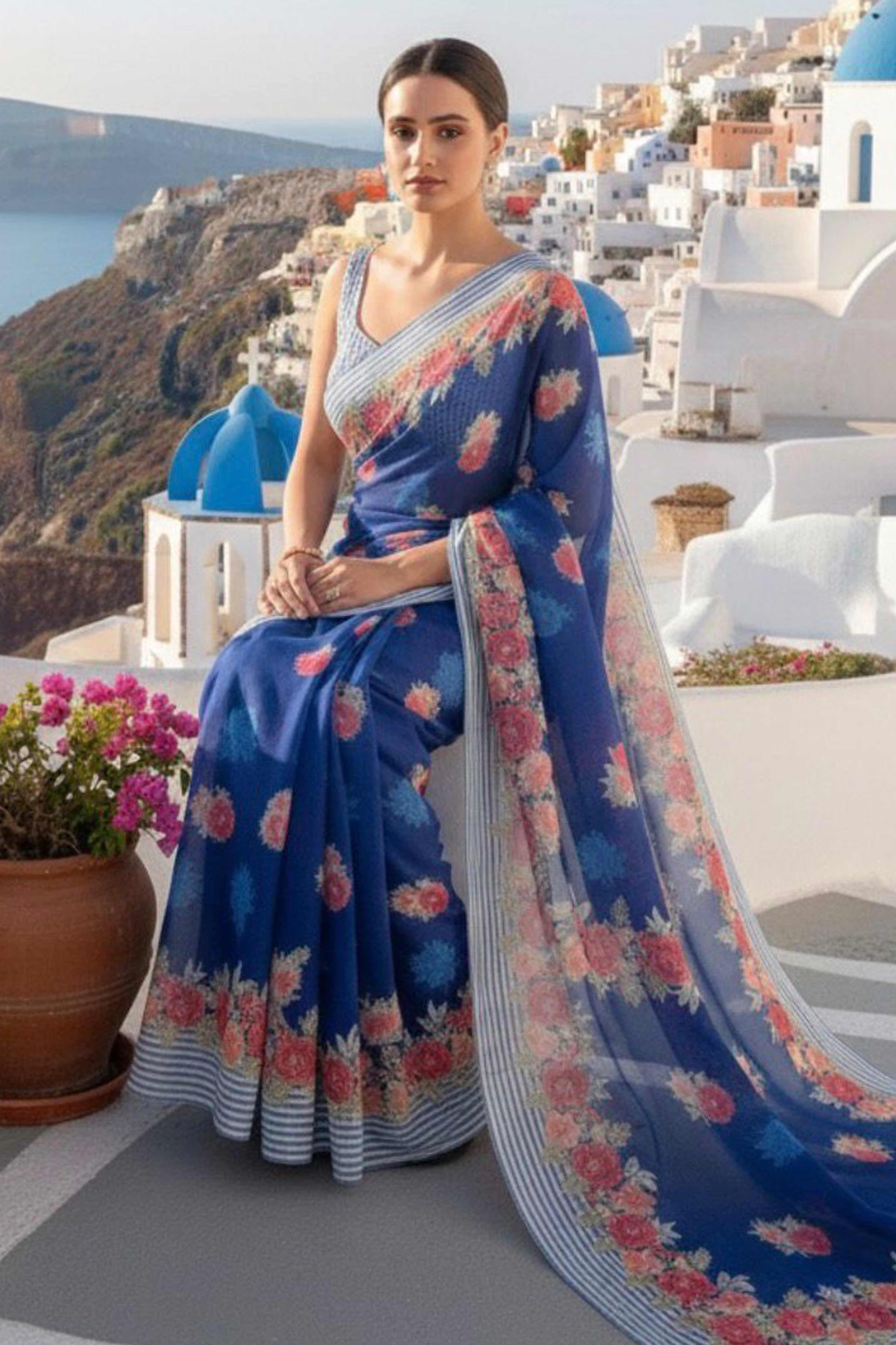 Vibrant Royal Blue Georgette Saree Adorned with Floral Digital Print & Satin Border