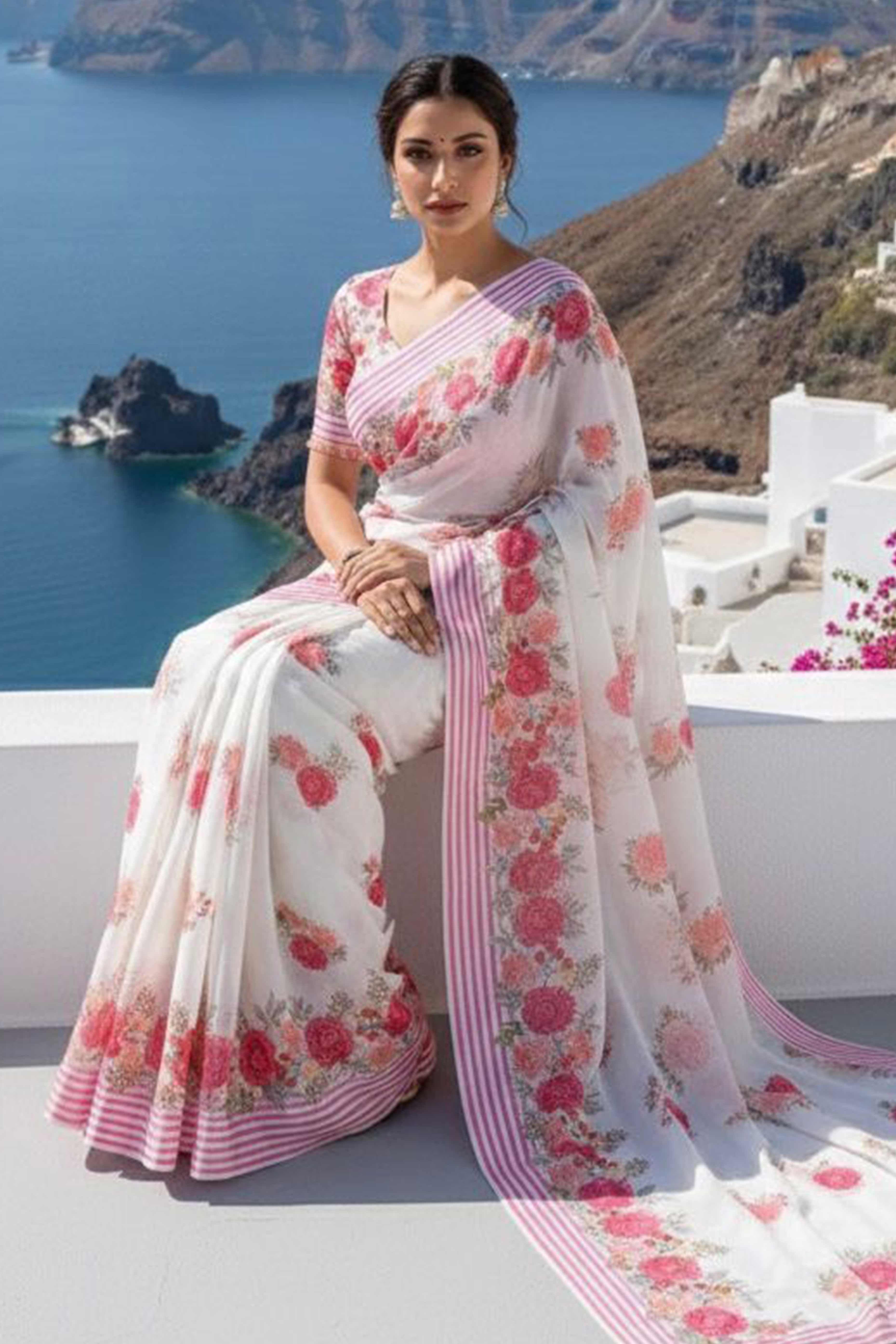 Vibrant White Georgette Saree Adorned with Floral Digital Print & Satin Border