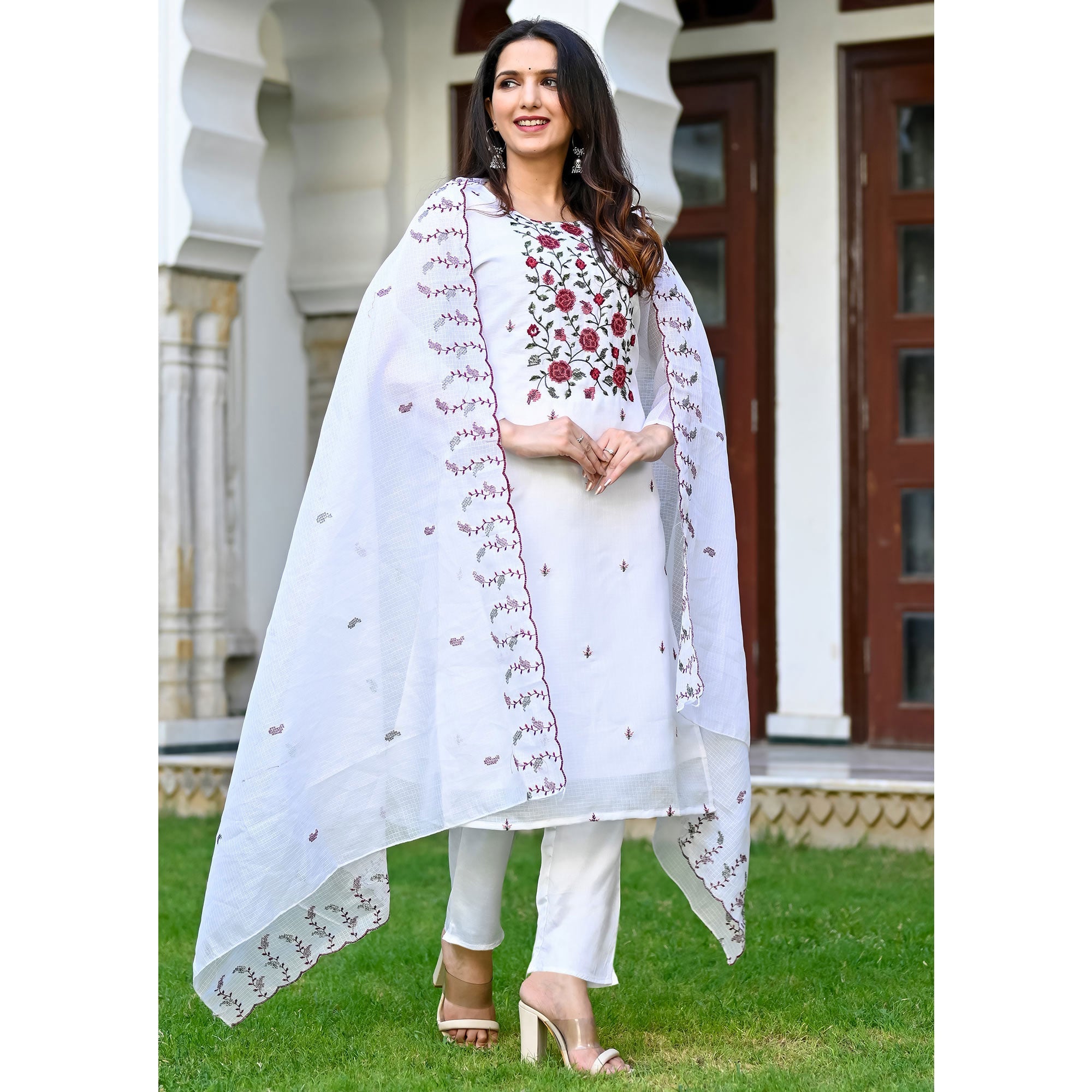 White Floral Sequins Embroidered Kota Doria Salwar Suit