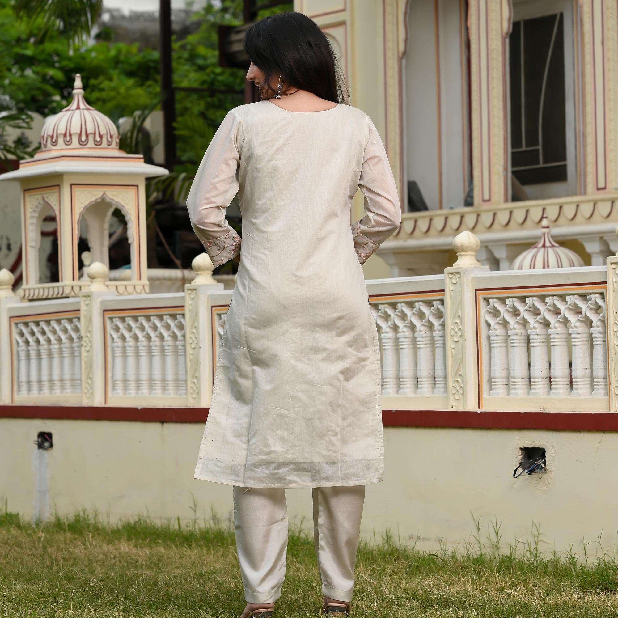 Grey Floral Embroidered Chanderi Salwar Suit