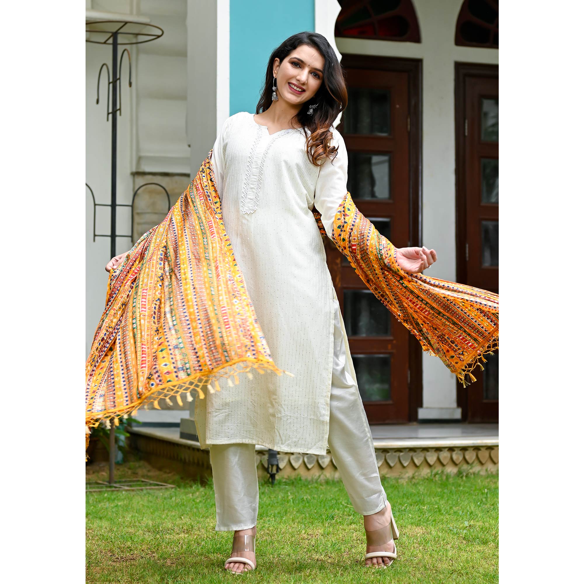 Off white Sequins Embroidered Chanderi Dress Material