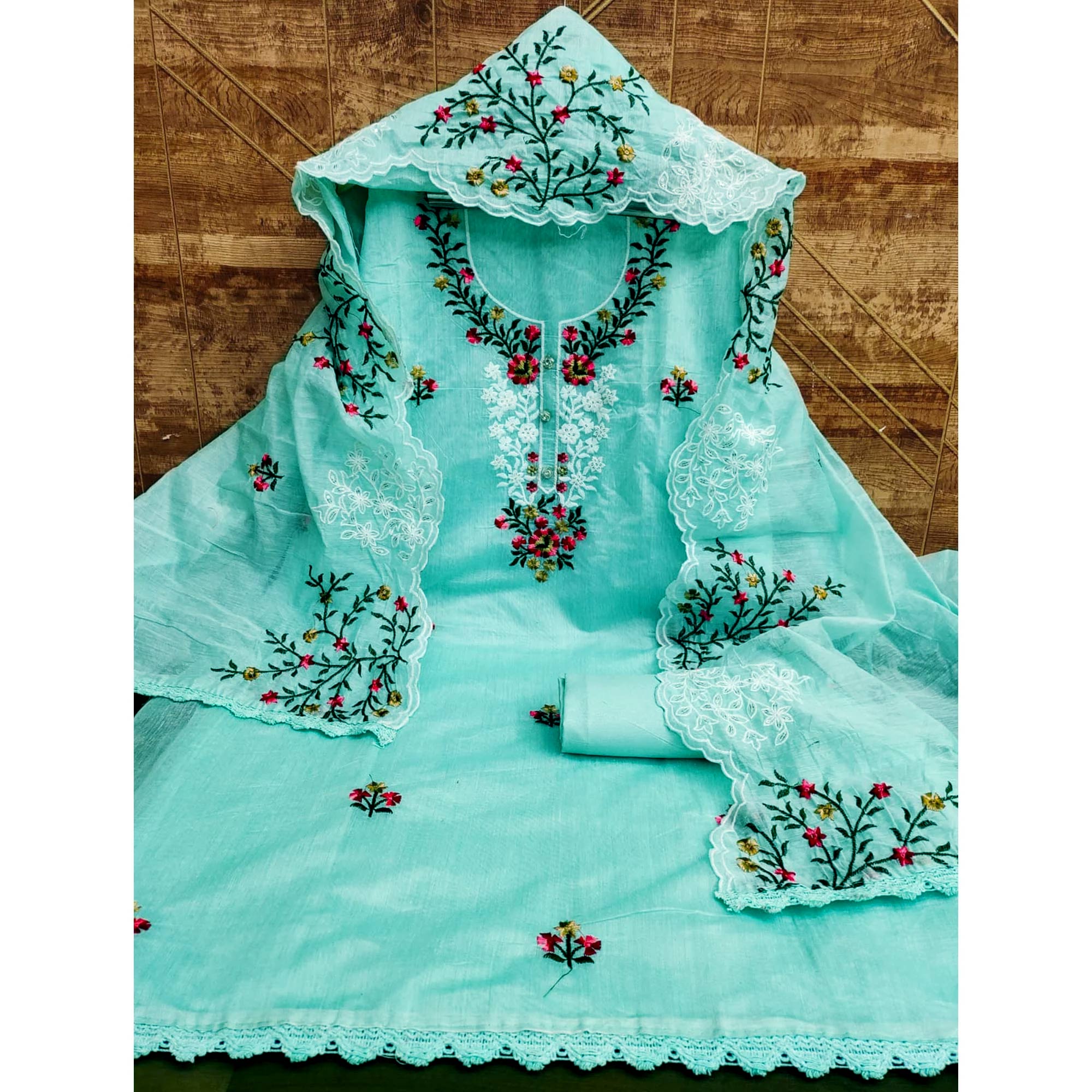 Sea Green Floral Embroidered Chanderi Dress Material