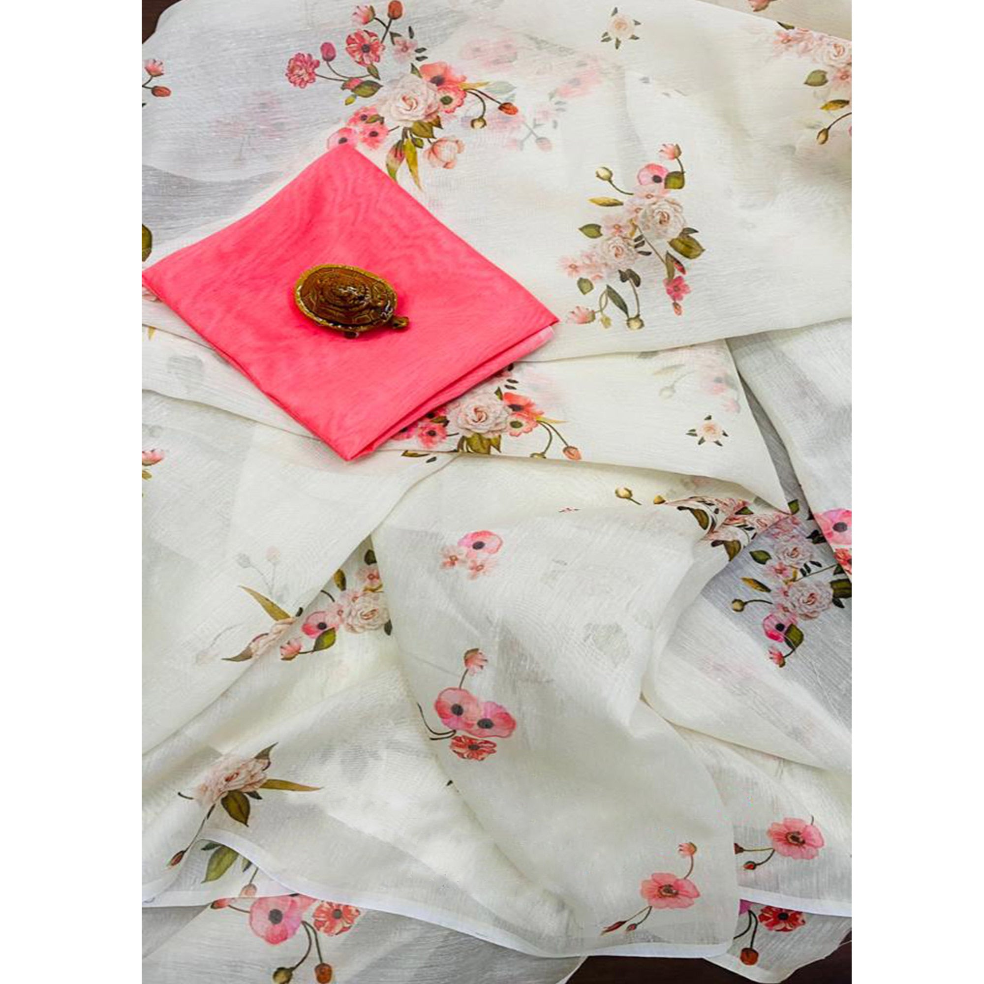 Cream & Pink Floral Digital Printed Linen Saree