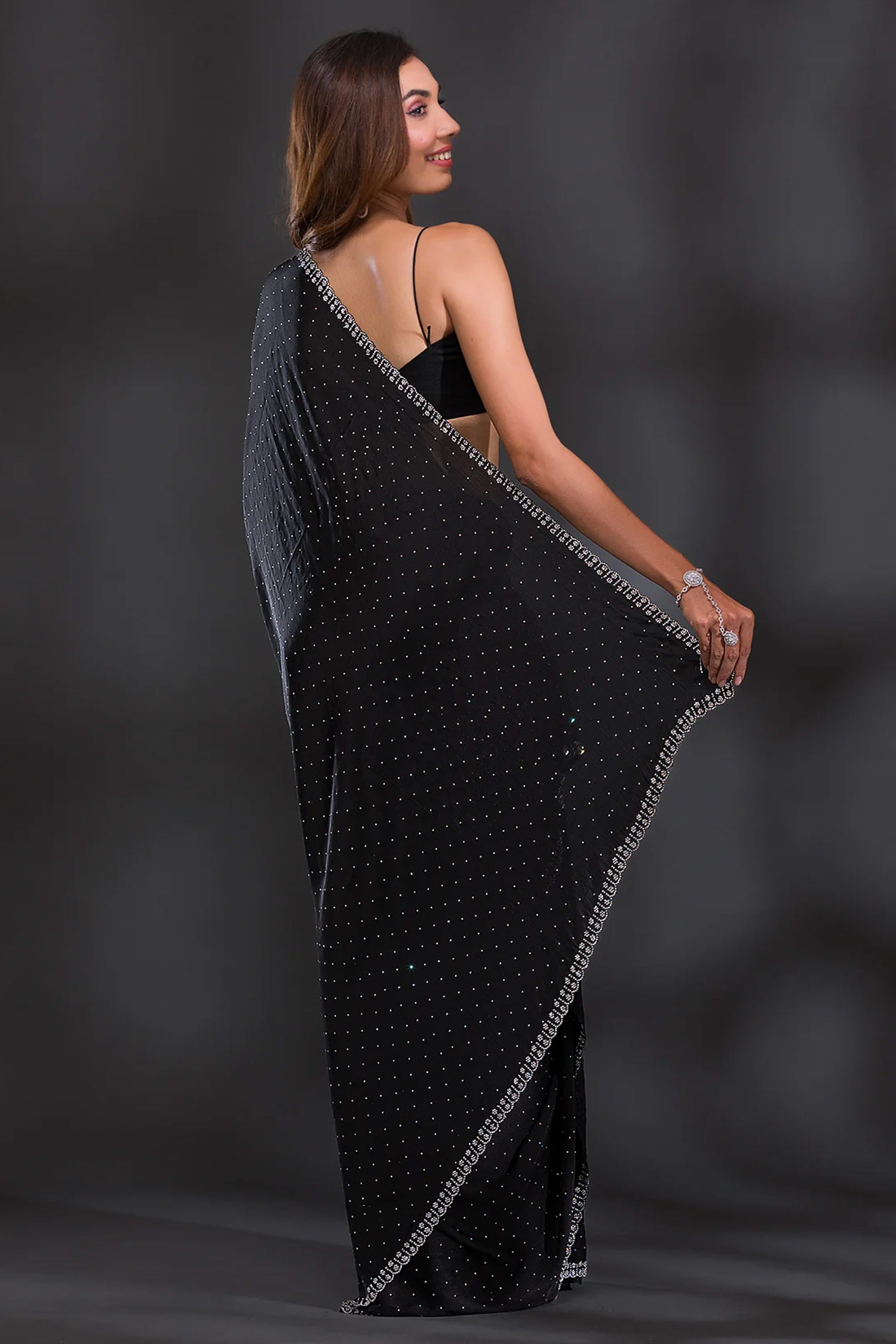 Black Swarovski Work Embroidered Chiffon Saree