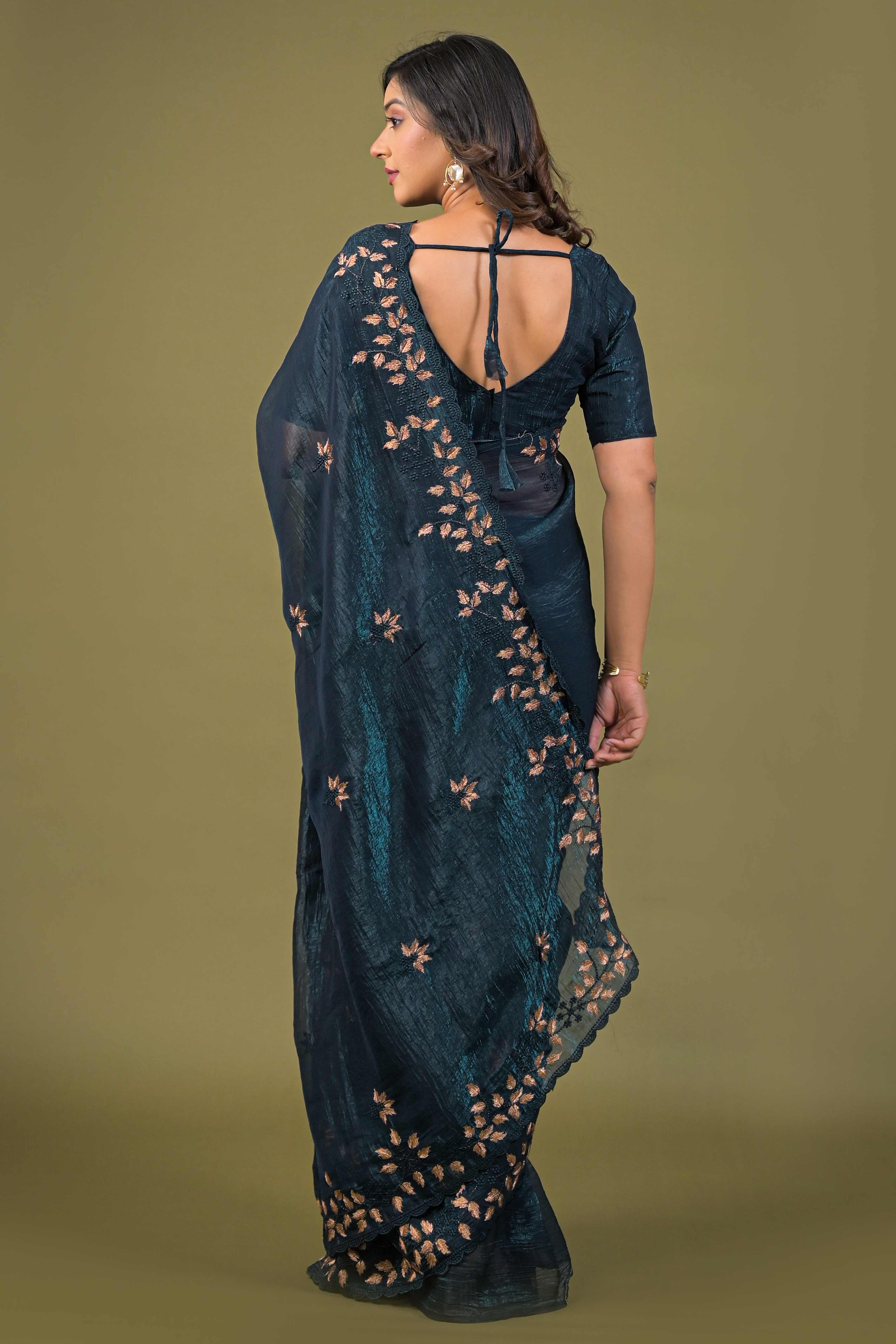 Dark Teal Sheer Organza Saree Adorned with Floral Embroidery