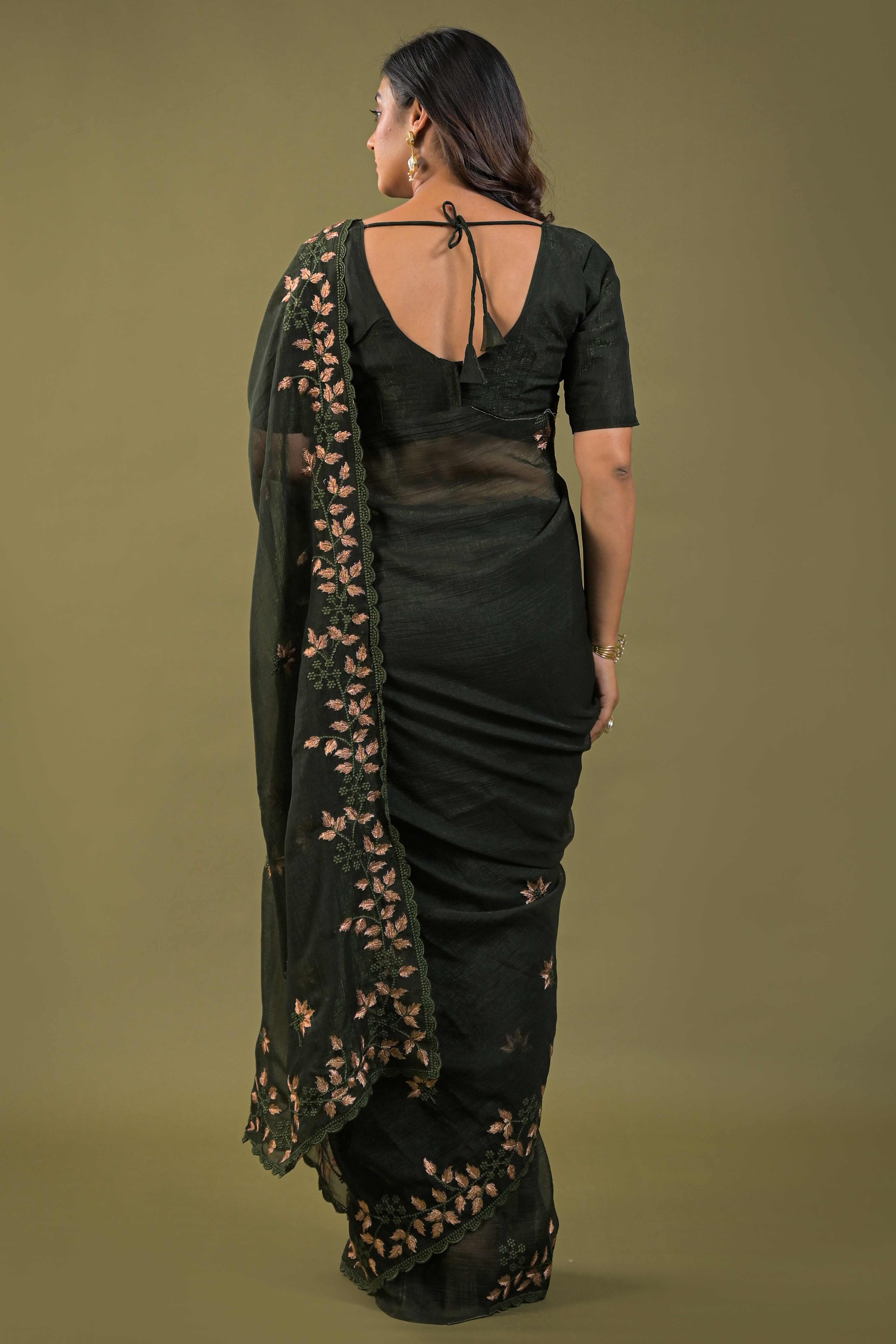 Mehendi Green Sheer Organza Saree Adorned with Floral Embroidery