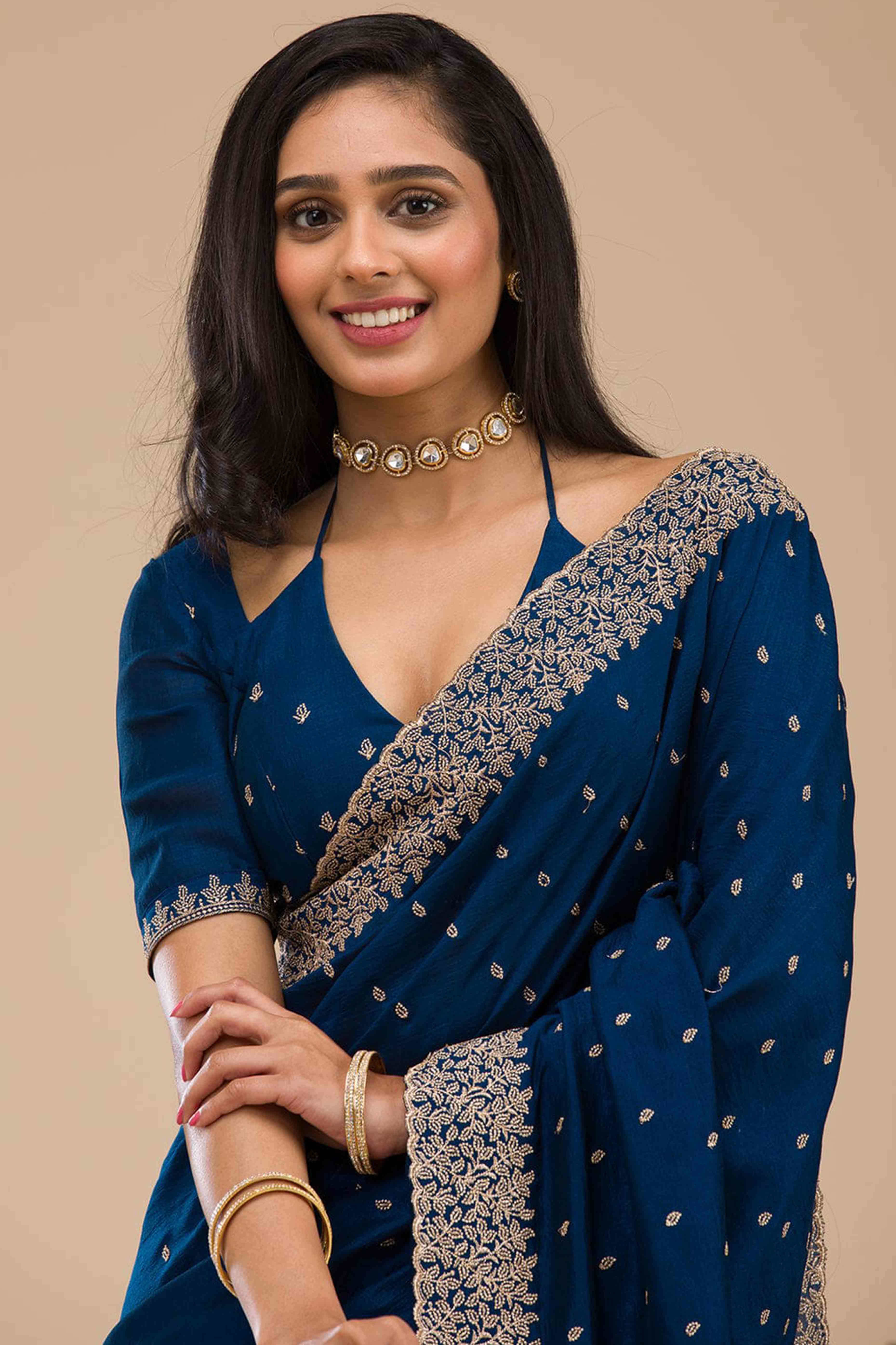 Sophisticated Blue Saree in Vichitra Silk with All-Over Floral Embroidered