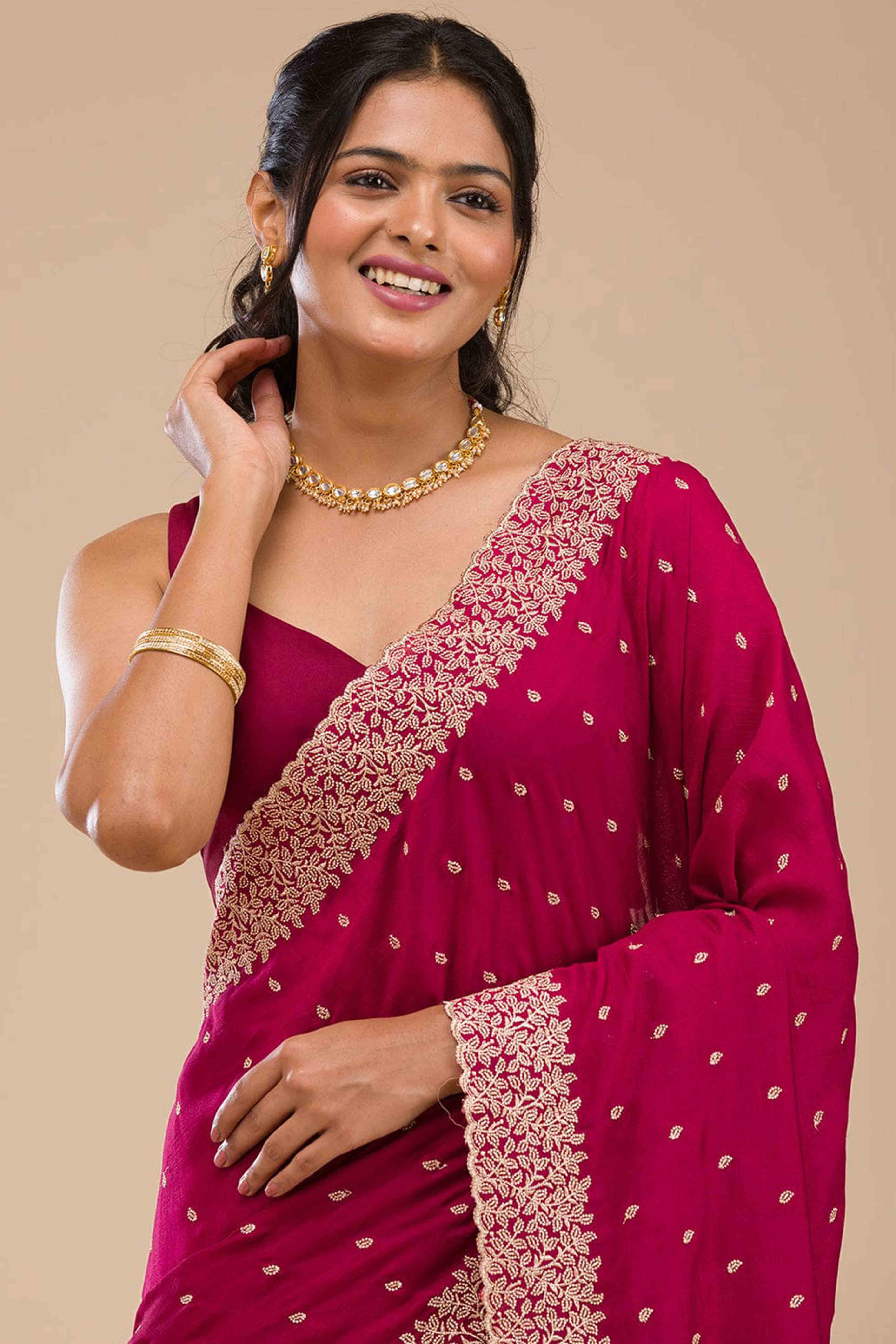 Sophisticated Pink Saree in Vichitra Silk with All-Over Floral Embroidered