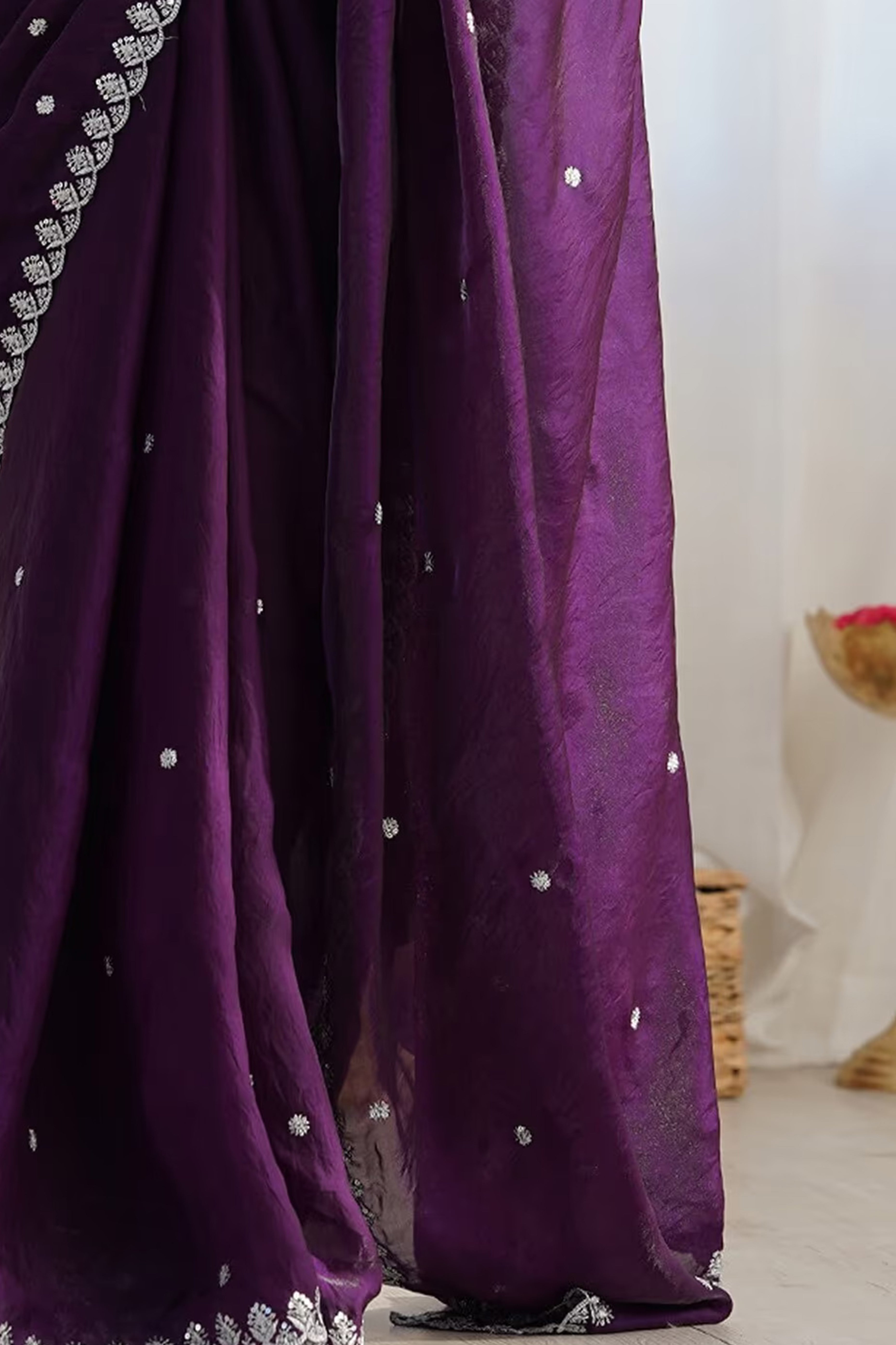 Stunning Dark Purple Organza Satin Silk Saree Adorned With Floral Sequin Zari Embroidery Work