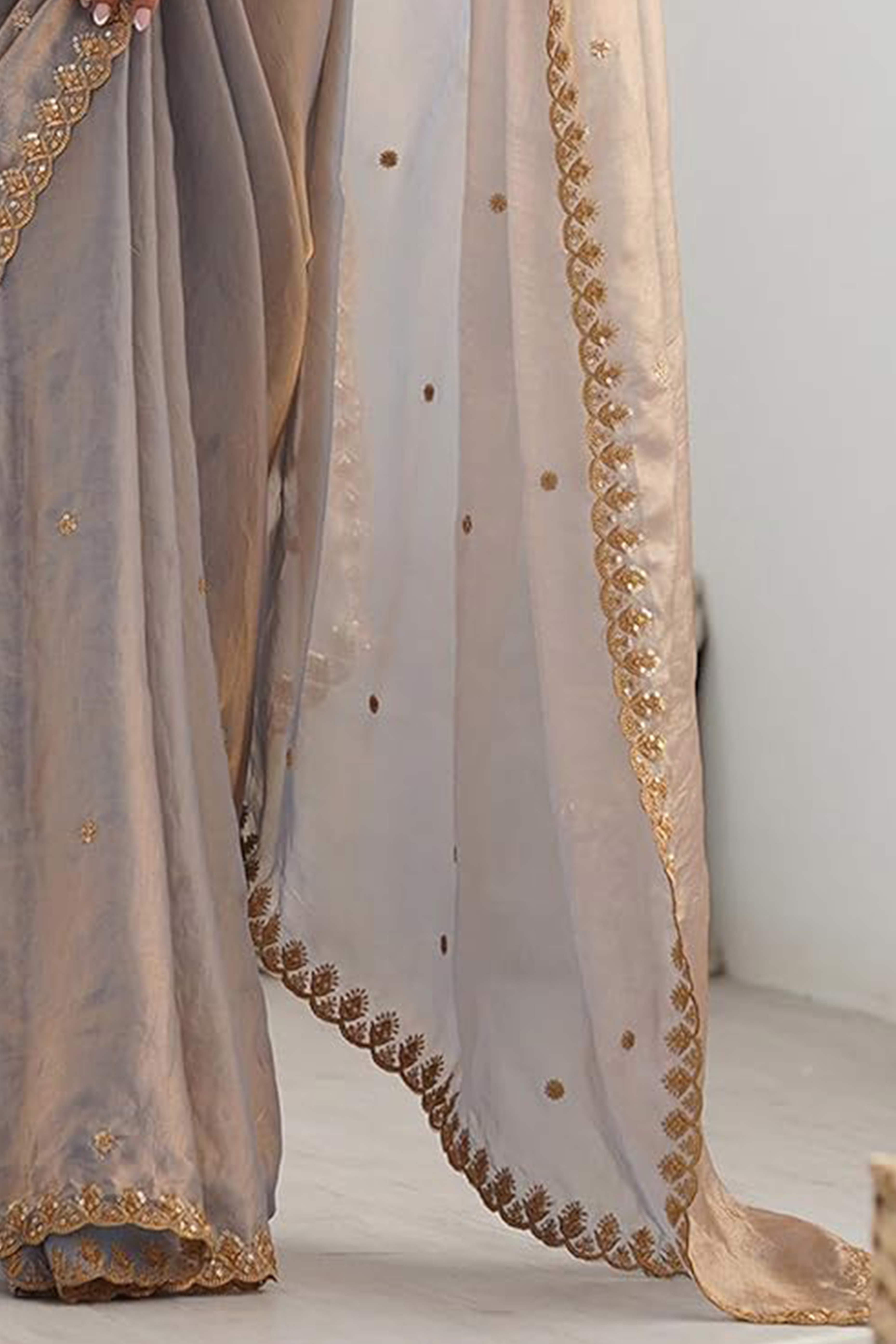 Stunning Grey Organza Satin Silk Saree Adorned With Floral Sequin Zari Embroidery Work