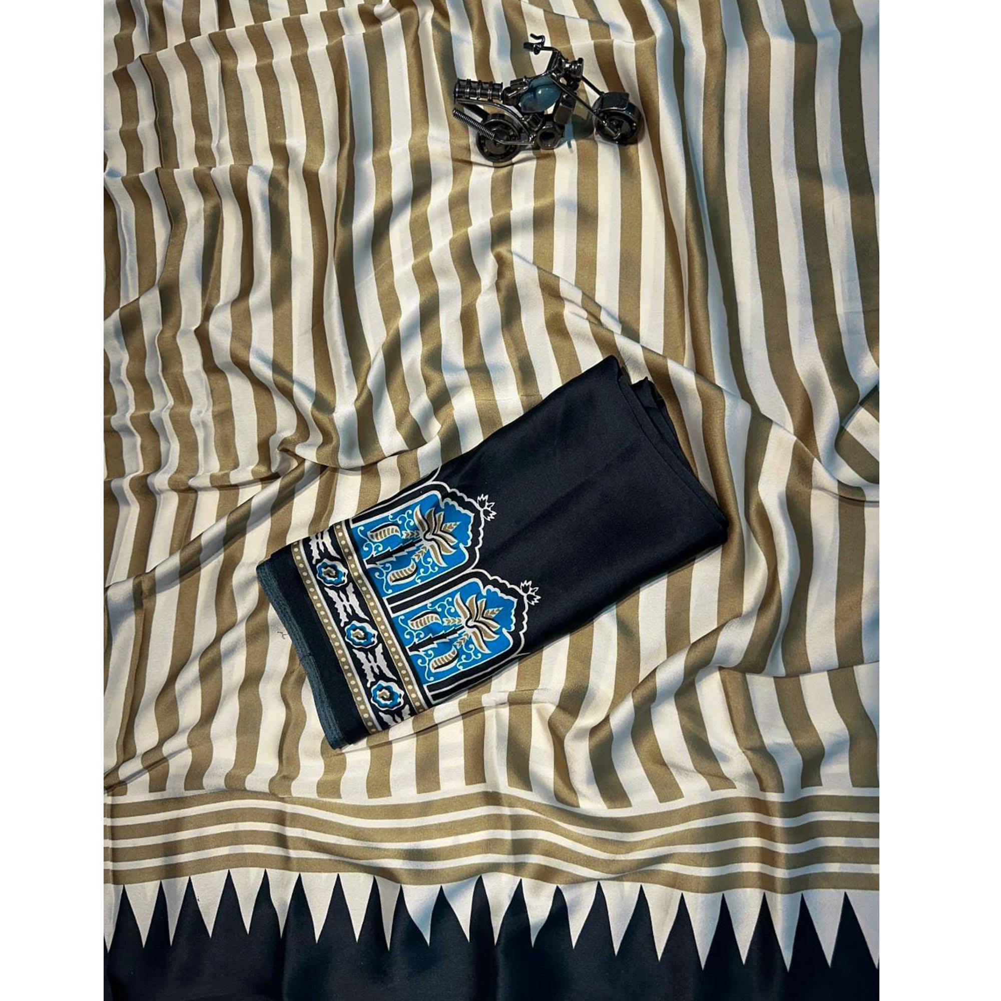 Graceful Chikoo & Black Crepe Silk Blend Saree Adorned with Bold Striped Print Work