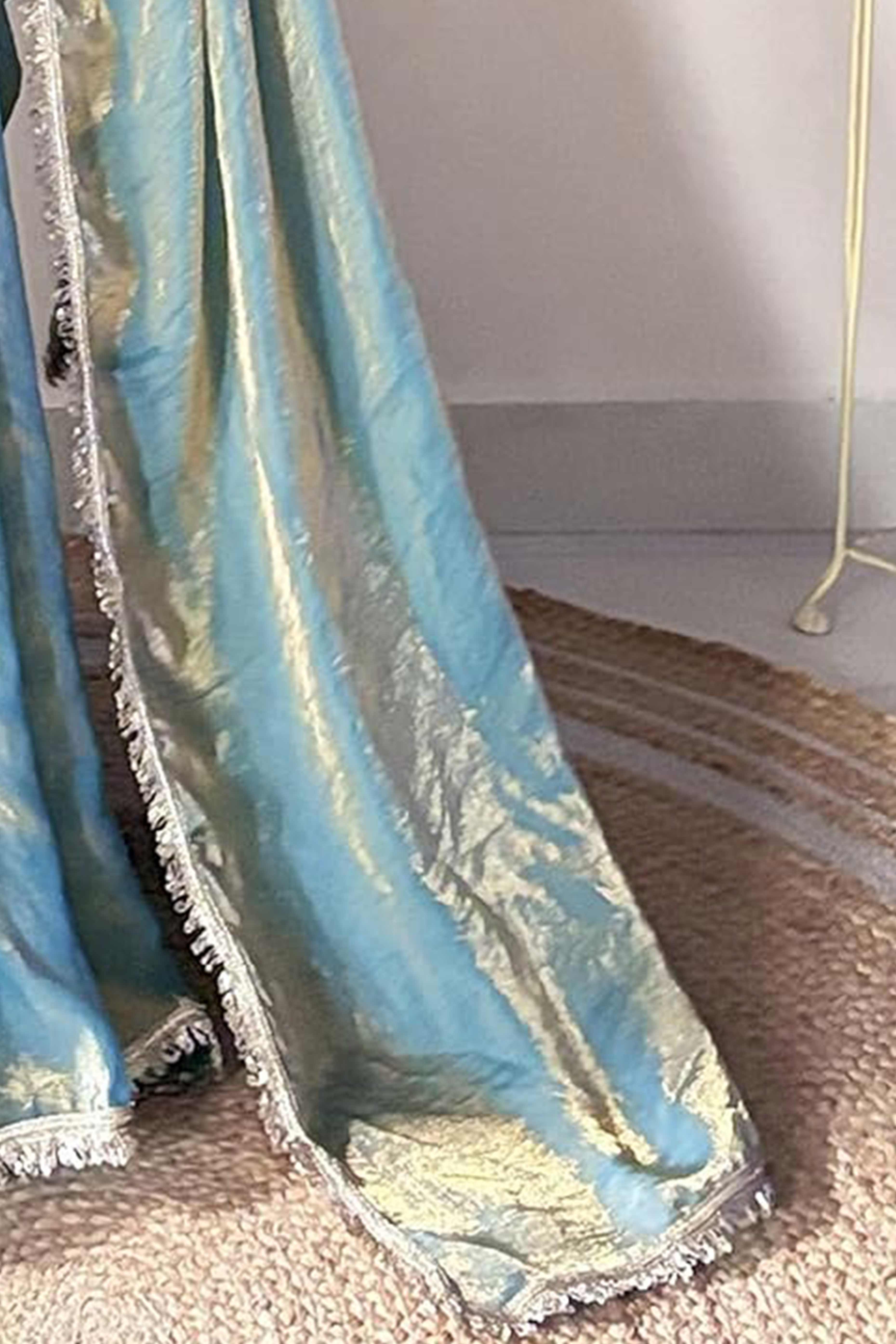 Modern Blue Organza Satin Silk Saree With Refined Lace Border For Elegant Occasions