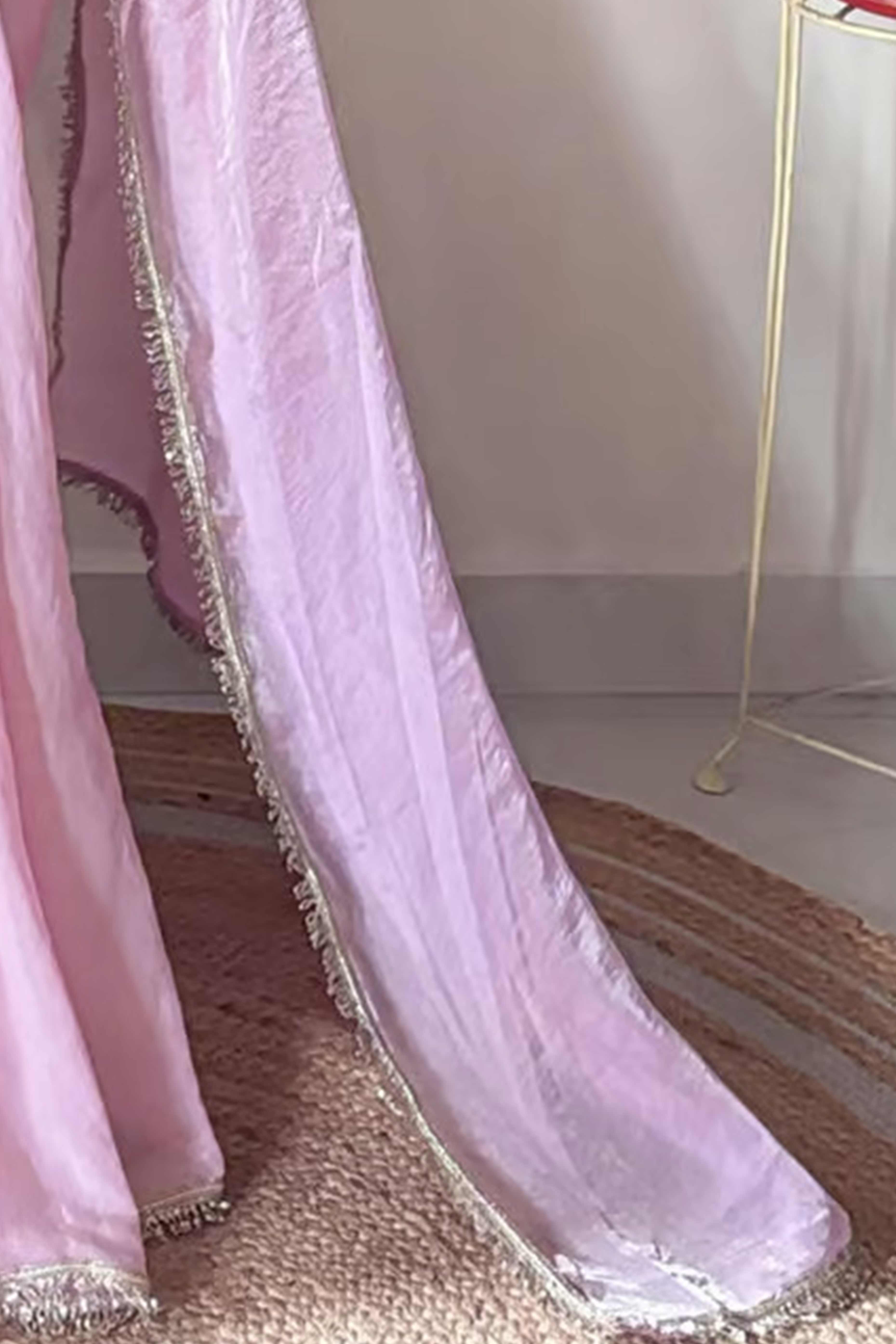 Modern Pink Organza Satin Silk Saree With Refined Lace Border For Elegant Occasions