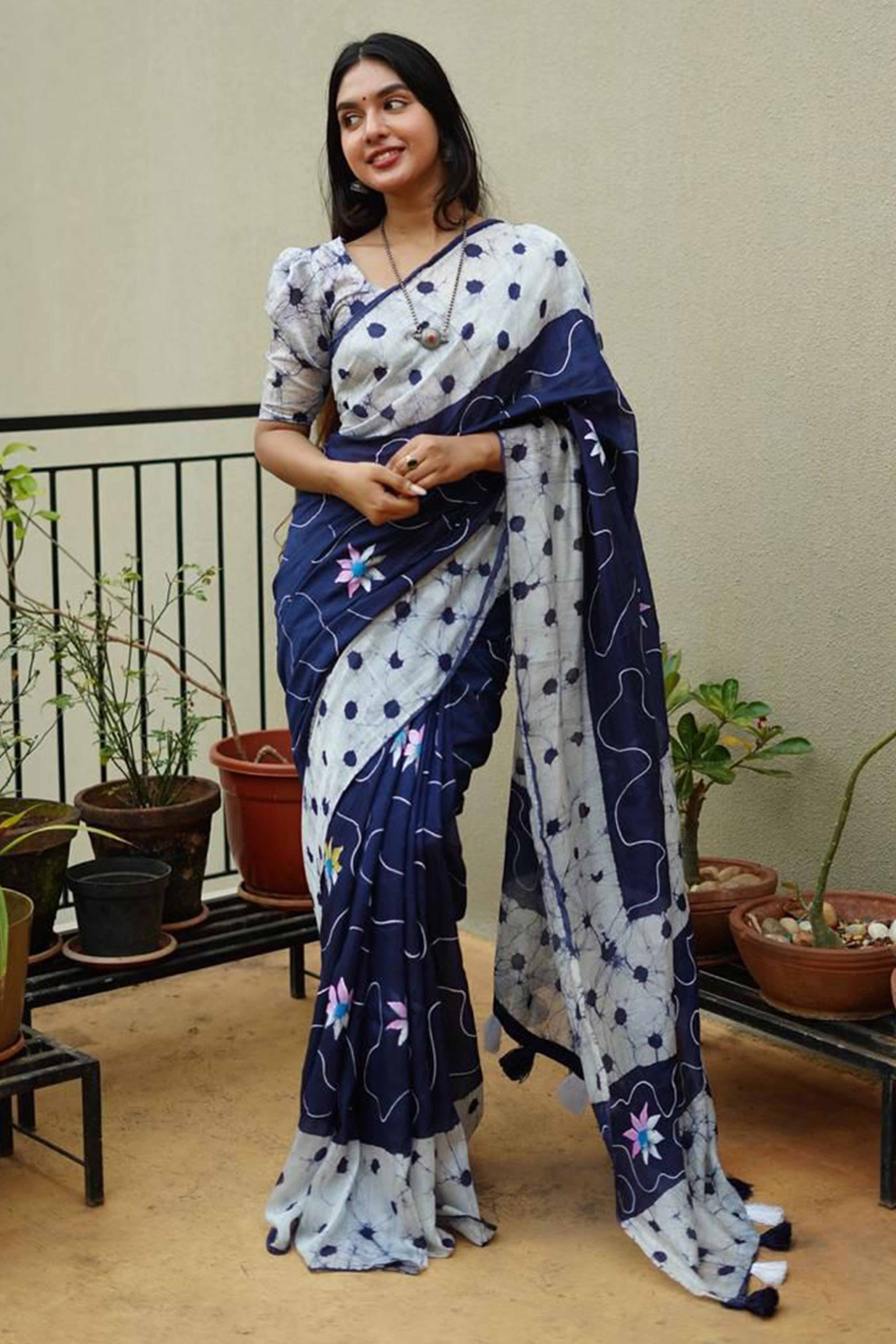 Blue Floral Handprinted Linen Saree for Graceful Ethnic Occasions