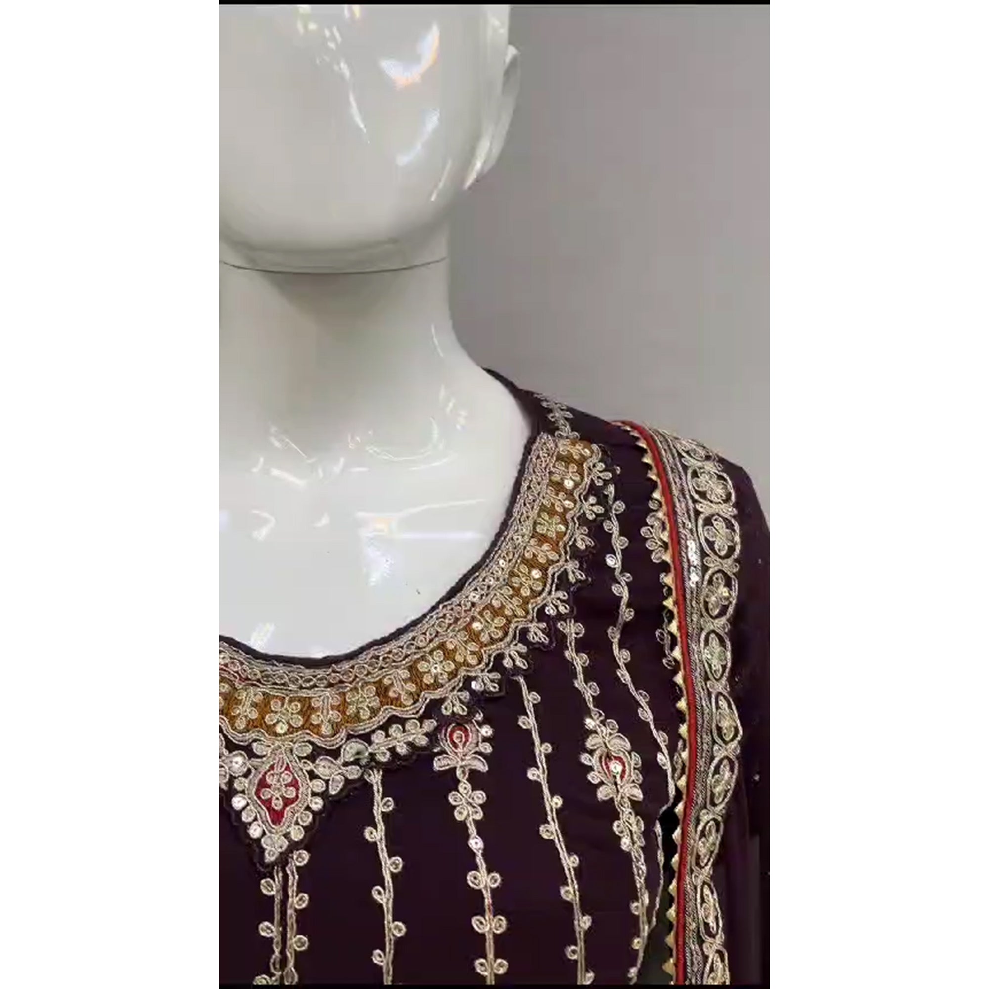 Wine Sequins Embroidered Georgette Semi Stitched Sharara Suit