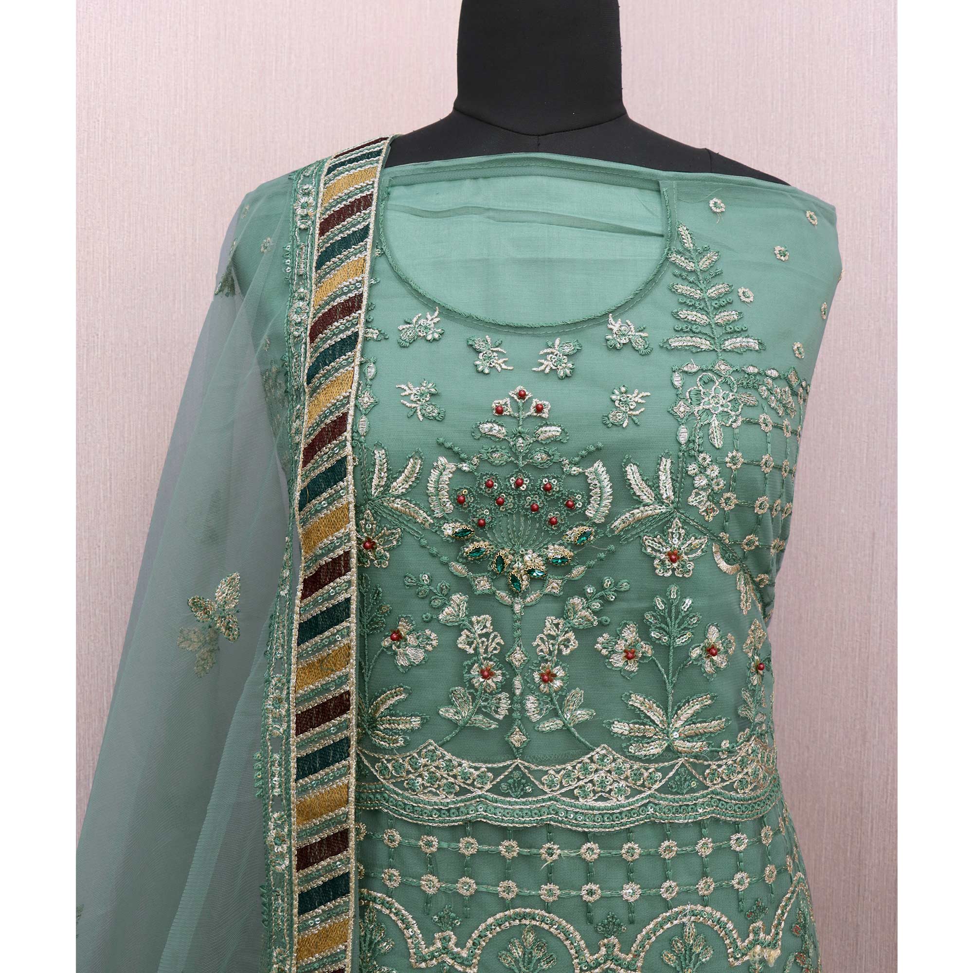 Green Floral Embroidered Net Semi Stitched Pakistani Suit