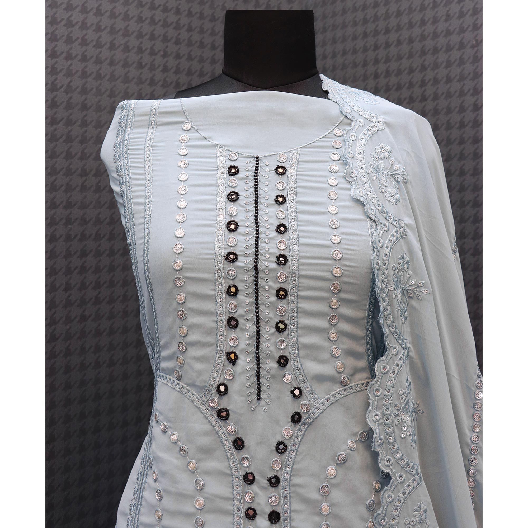 Grey Floral Embroidered Georgette Semi Stitched Pakistani Suit
