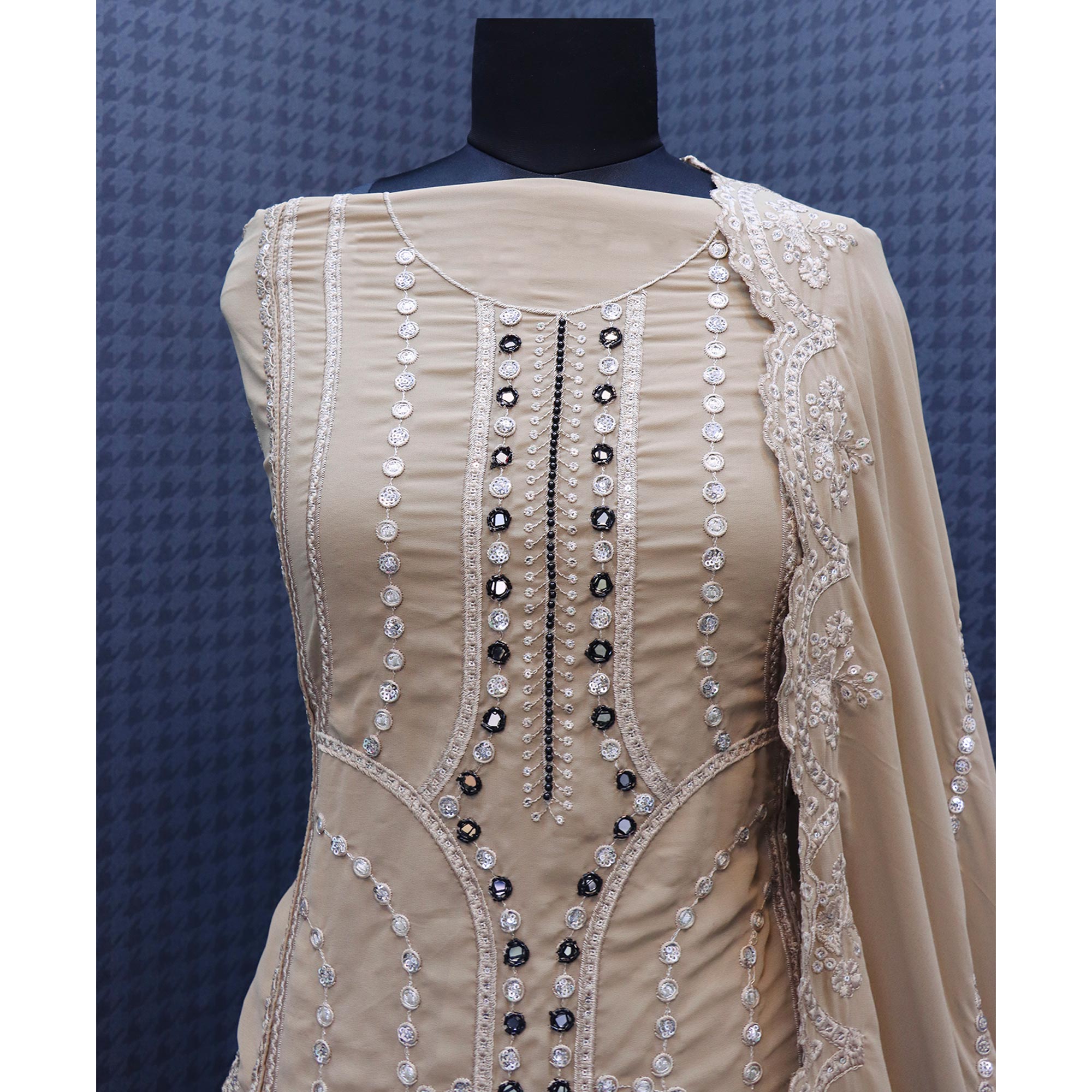 Beige Floral Embroidered Georgette Semi Stitched Pakistani Suit