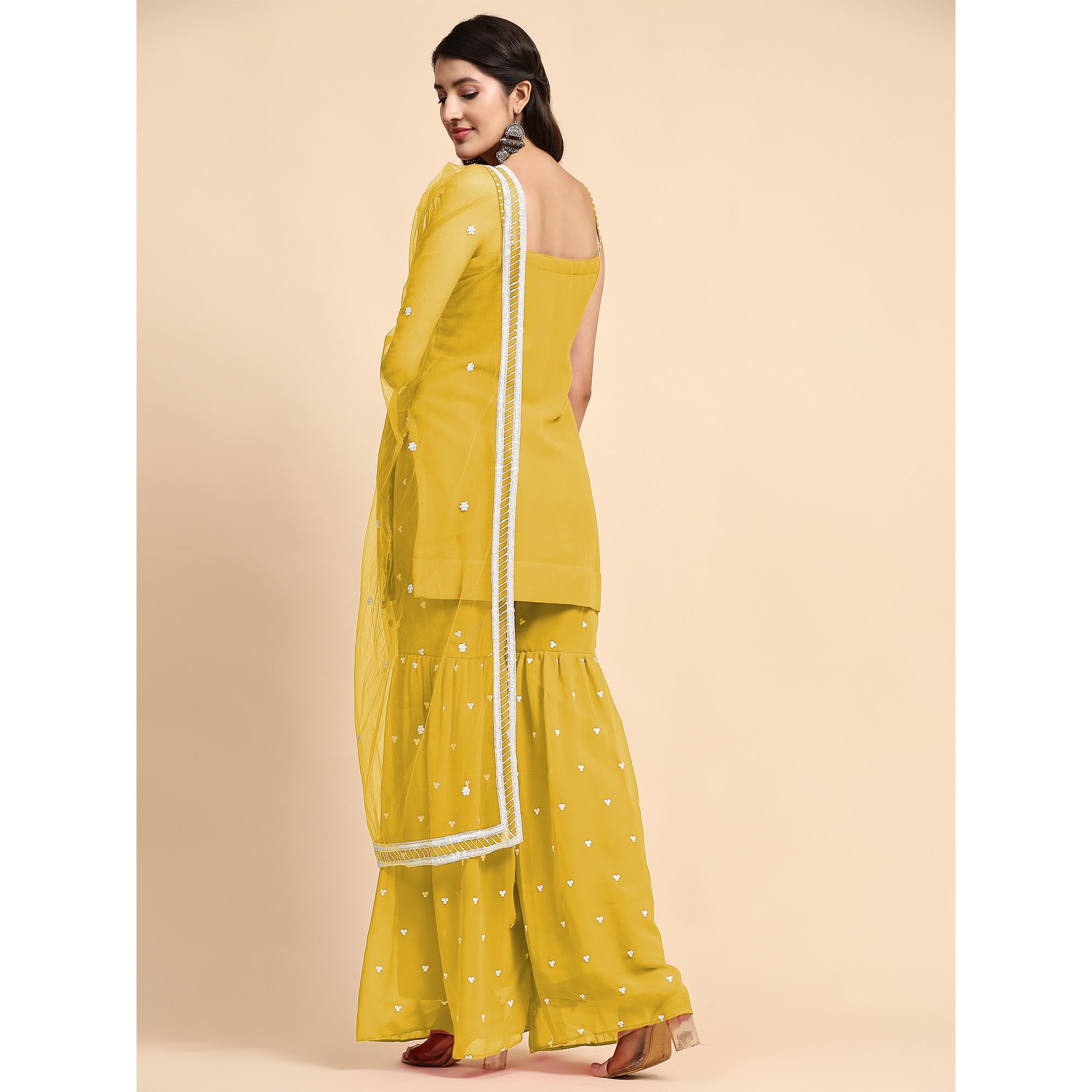 Yellow Floral Sequins Embroidered Georgette Semi Stitched Suit