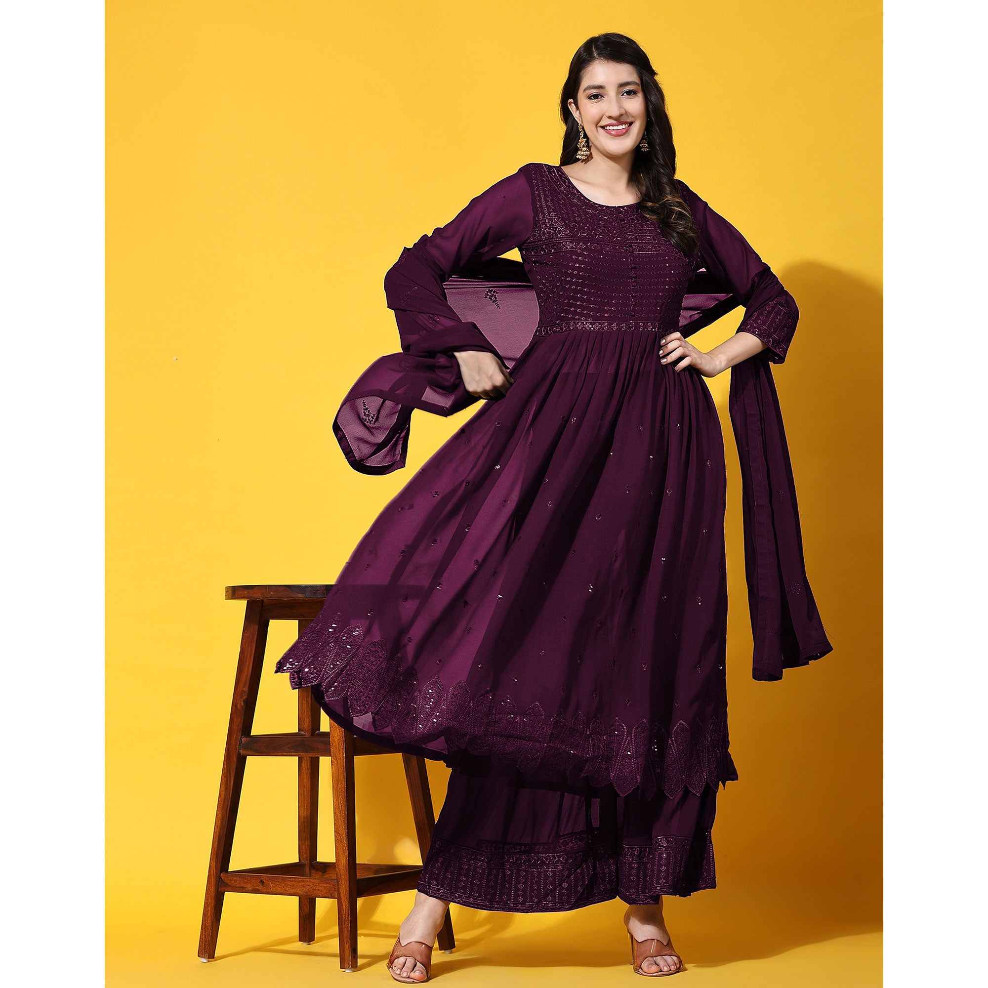 Wine Sequins Embroidered Georgette Semi Stitched Suit