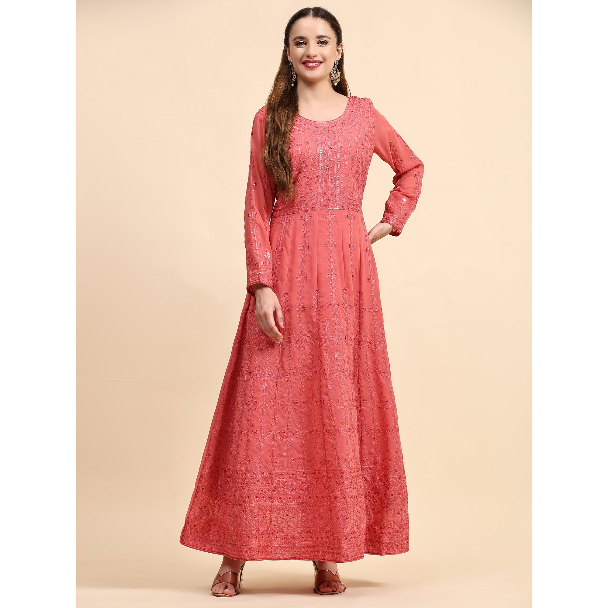 Peach Embroidered Georgette Semi Stitched Anarkali Suit
