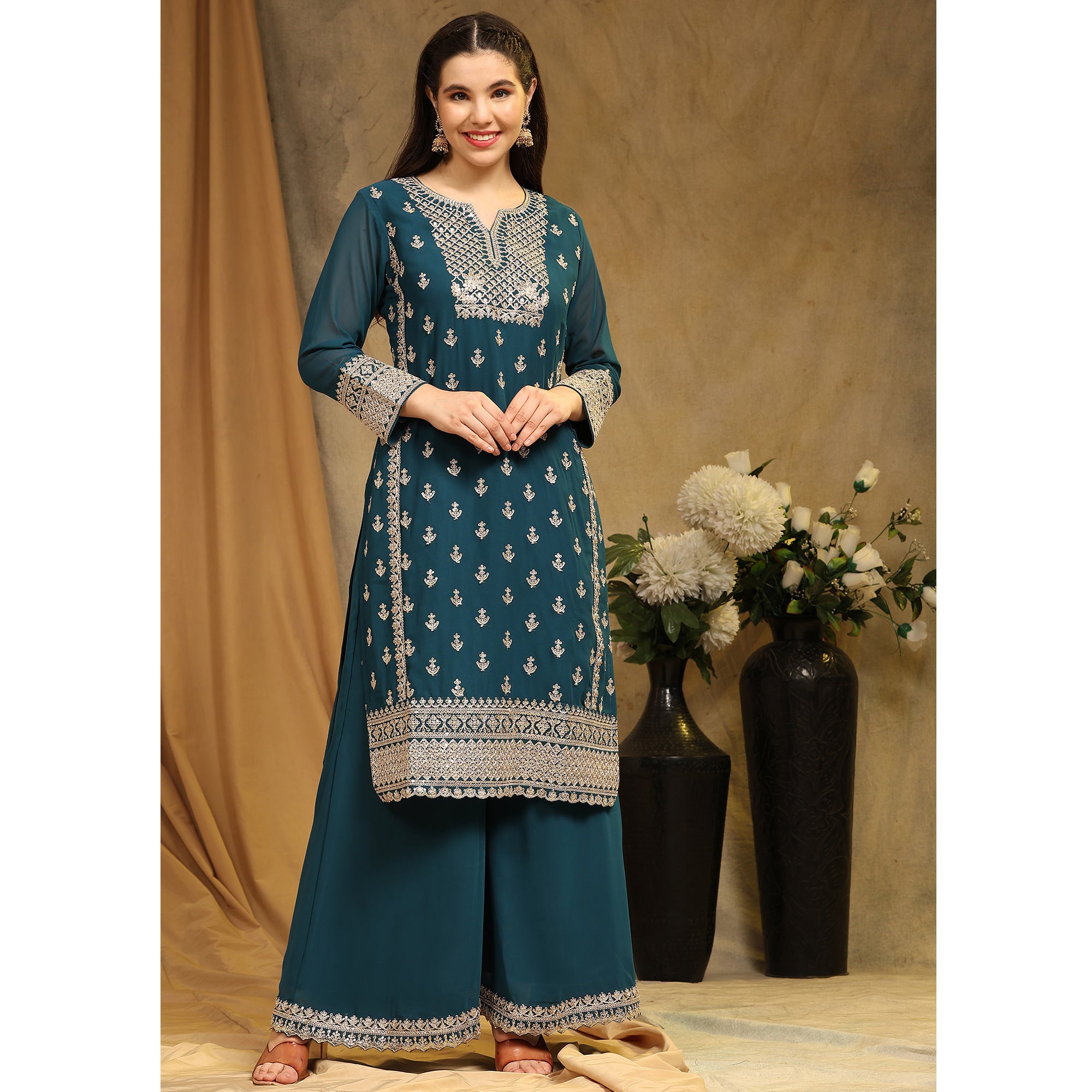 Morpich Floral Embroidered Georgette Semi Stitched Suit