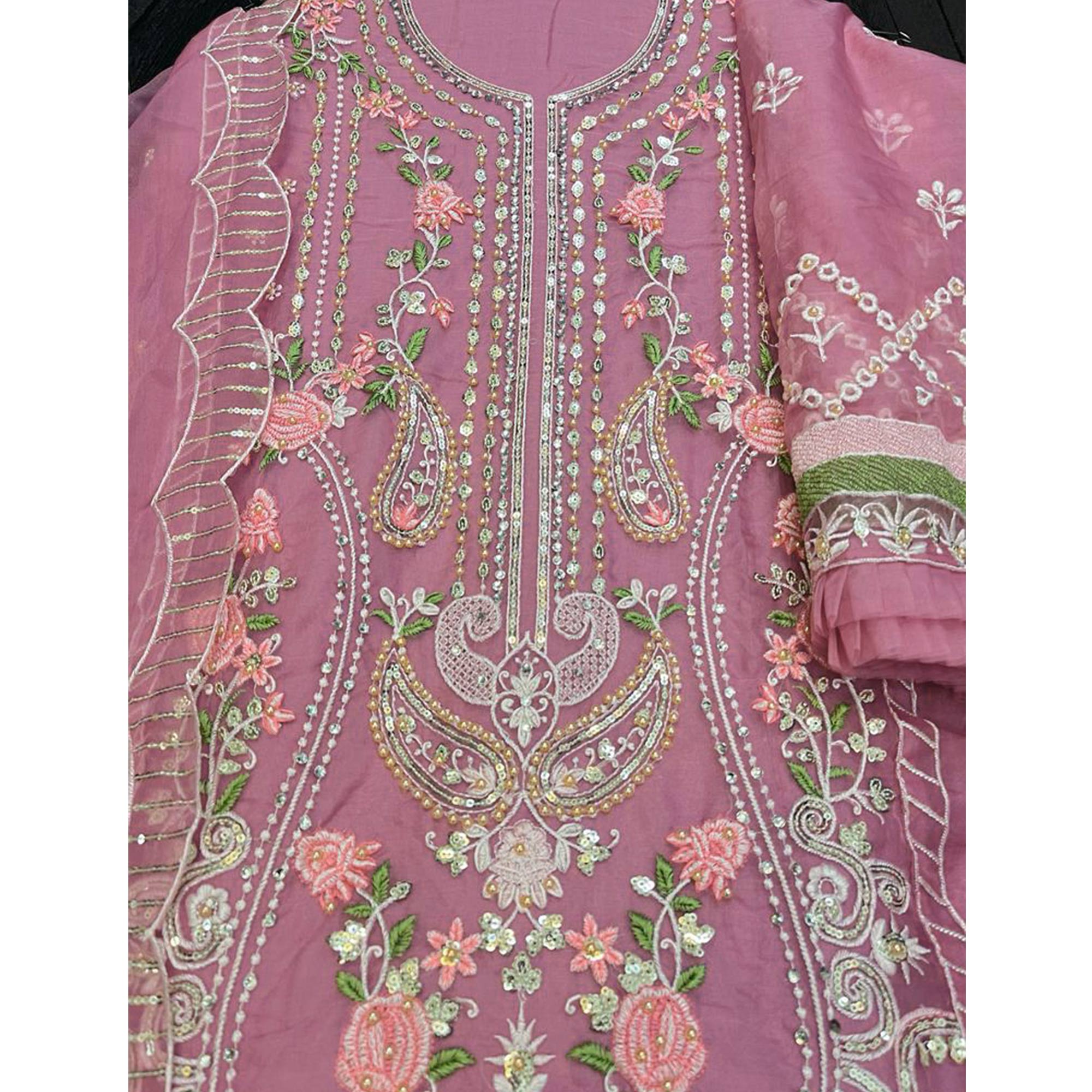 Pink Floral Embroidered Organza Semi Stitched Pakistani Suit
