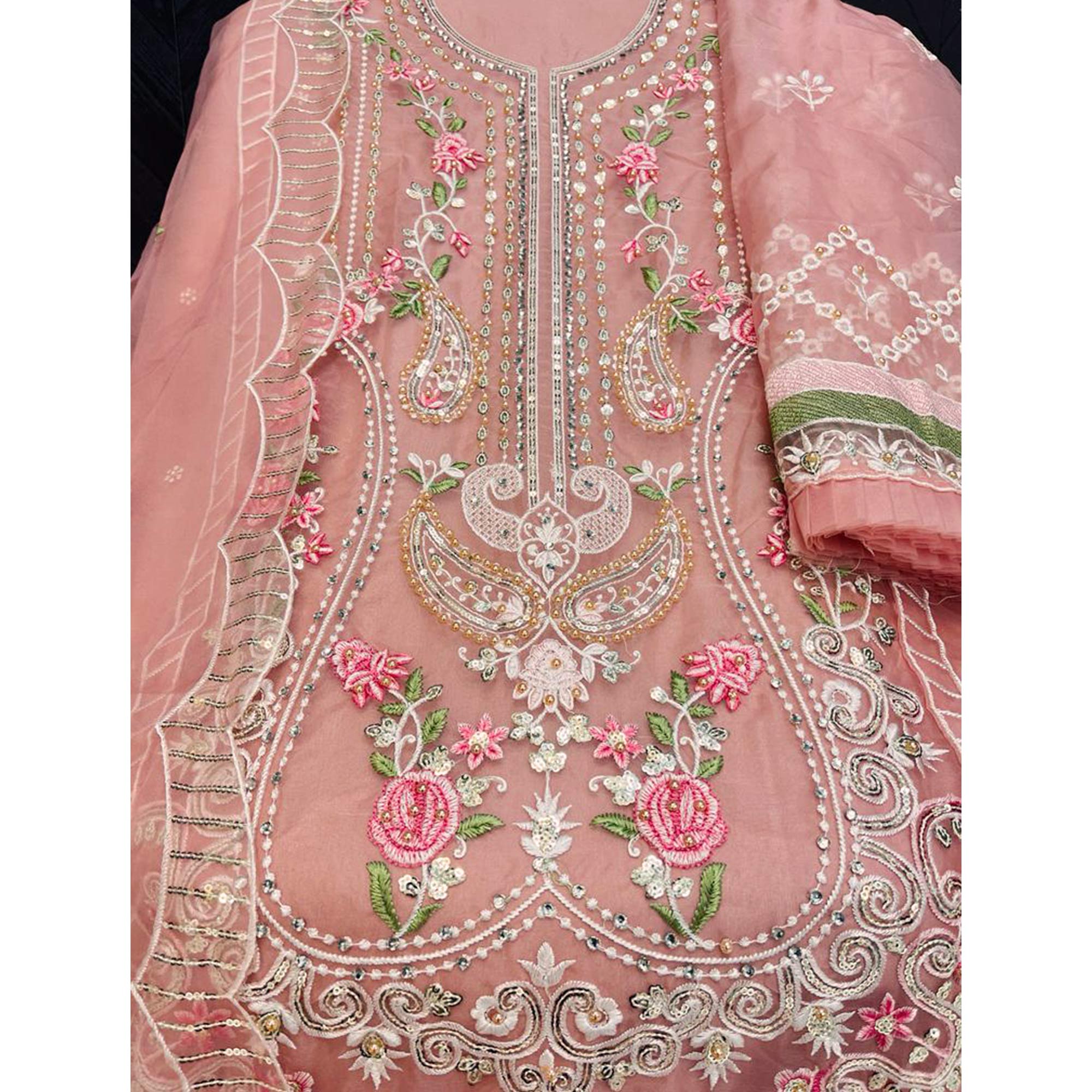 Peach Floral Embroidered Organza Semi Stitched Pakistani Suit