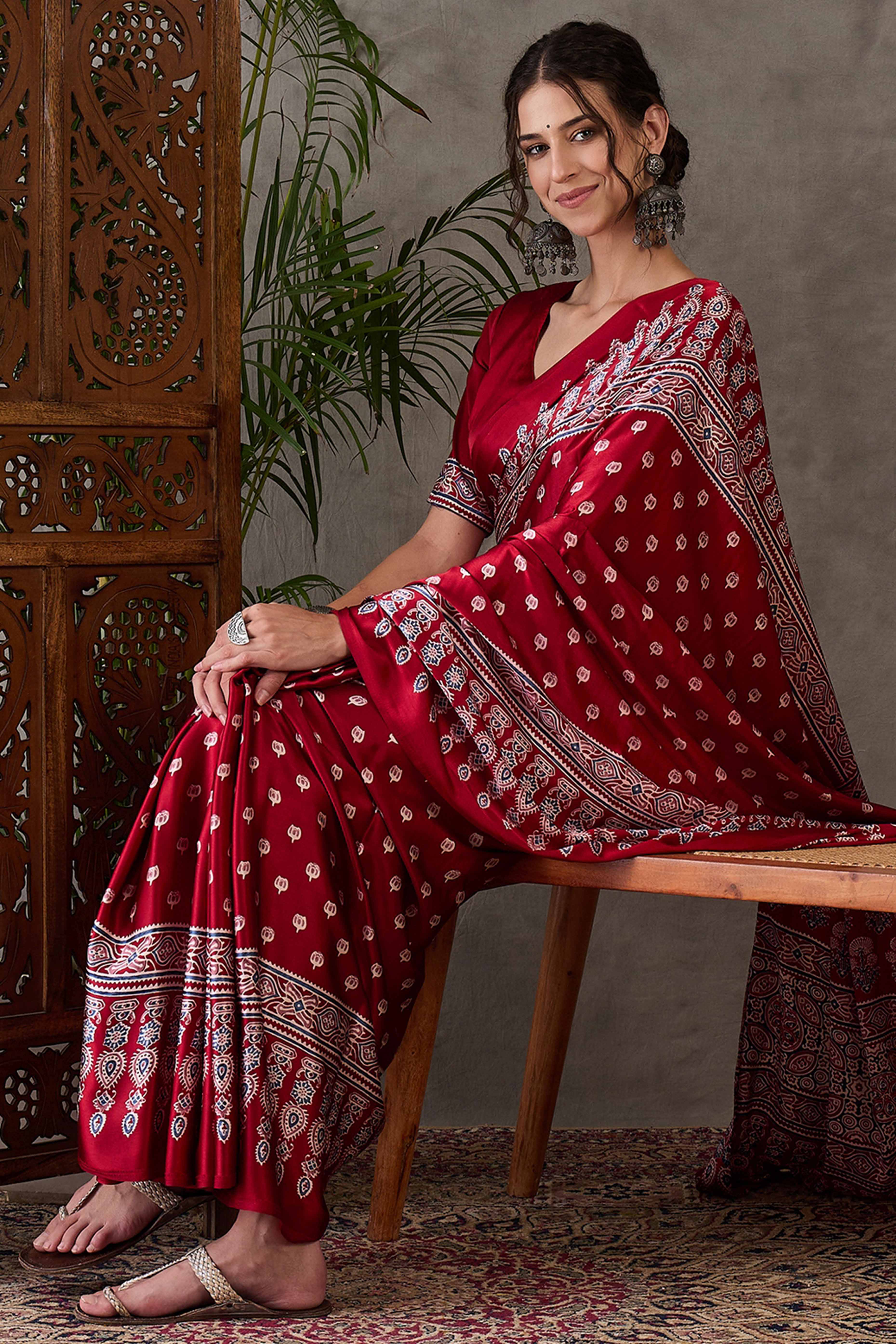 Red Ajrakh Inspired Printed Modal Satin Saree for Party Occasions