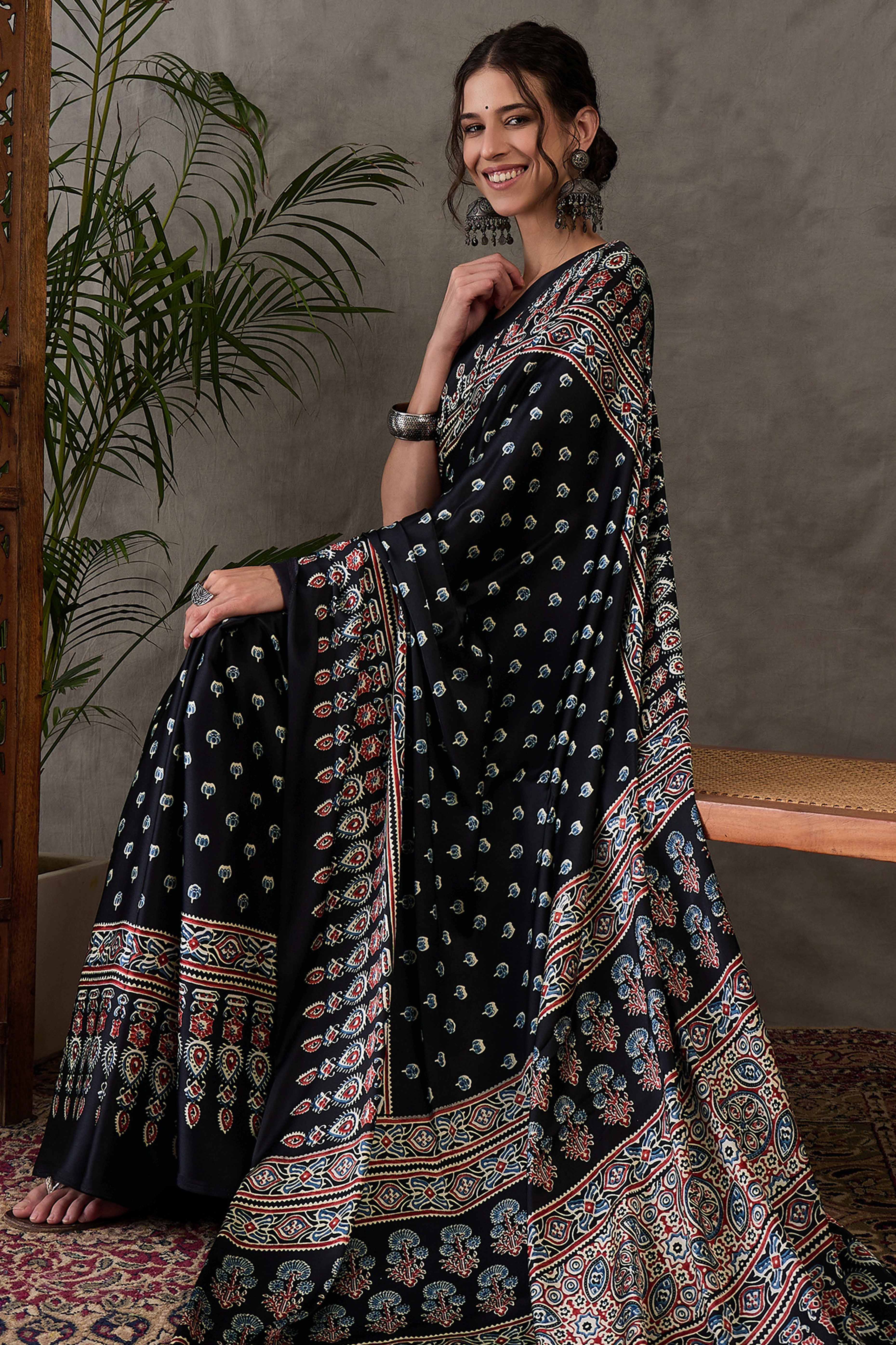 Black Ajrakh Inspired Printed Modal Satin Saree for Party Occasions