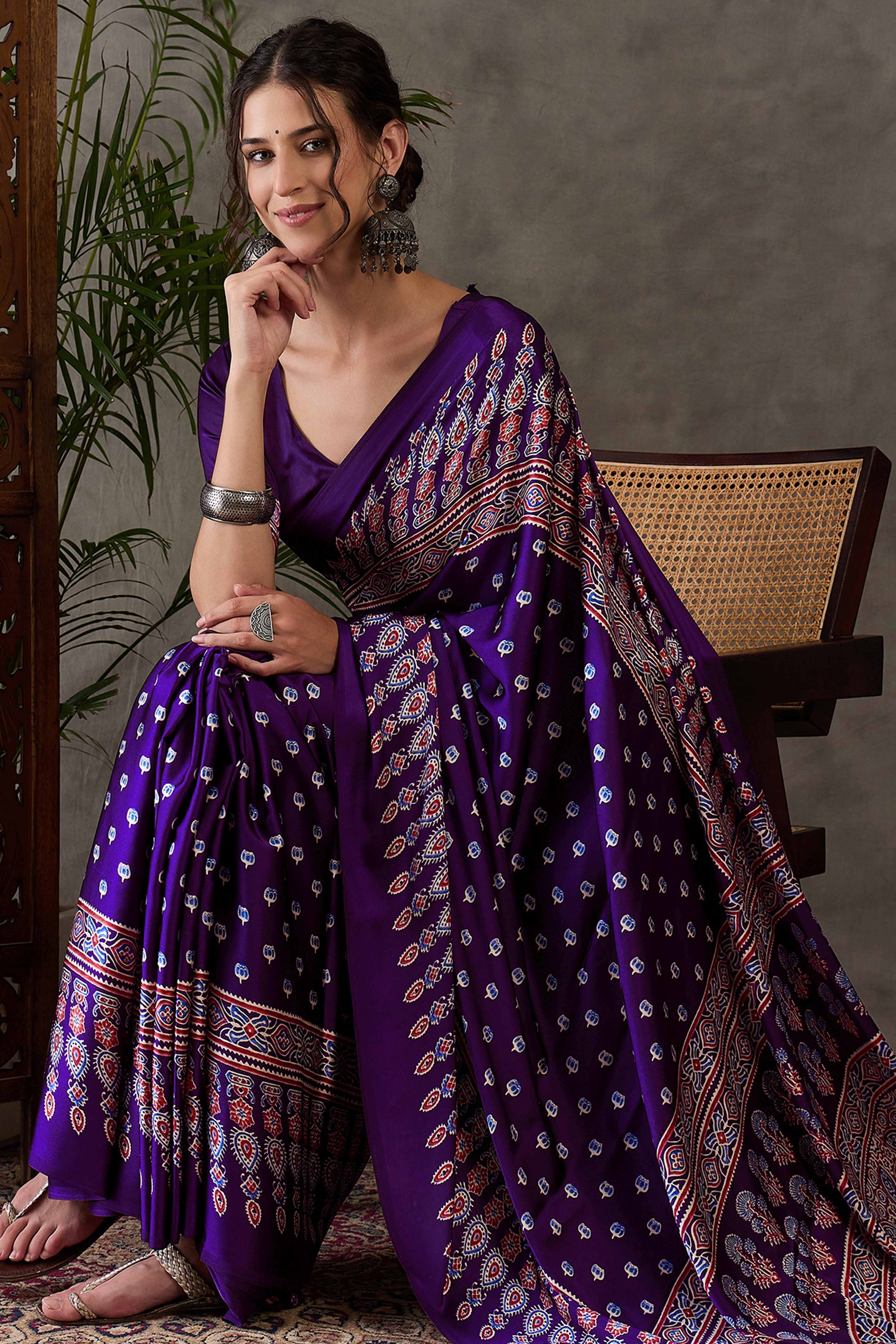 Purple Ajrakh Inspired Printed Modal Satin Saree for Party Occasions