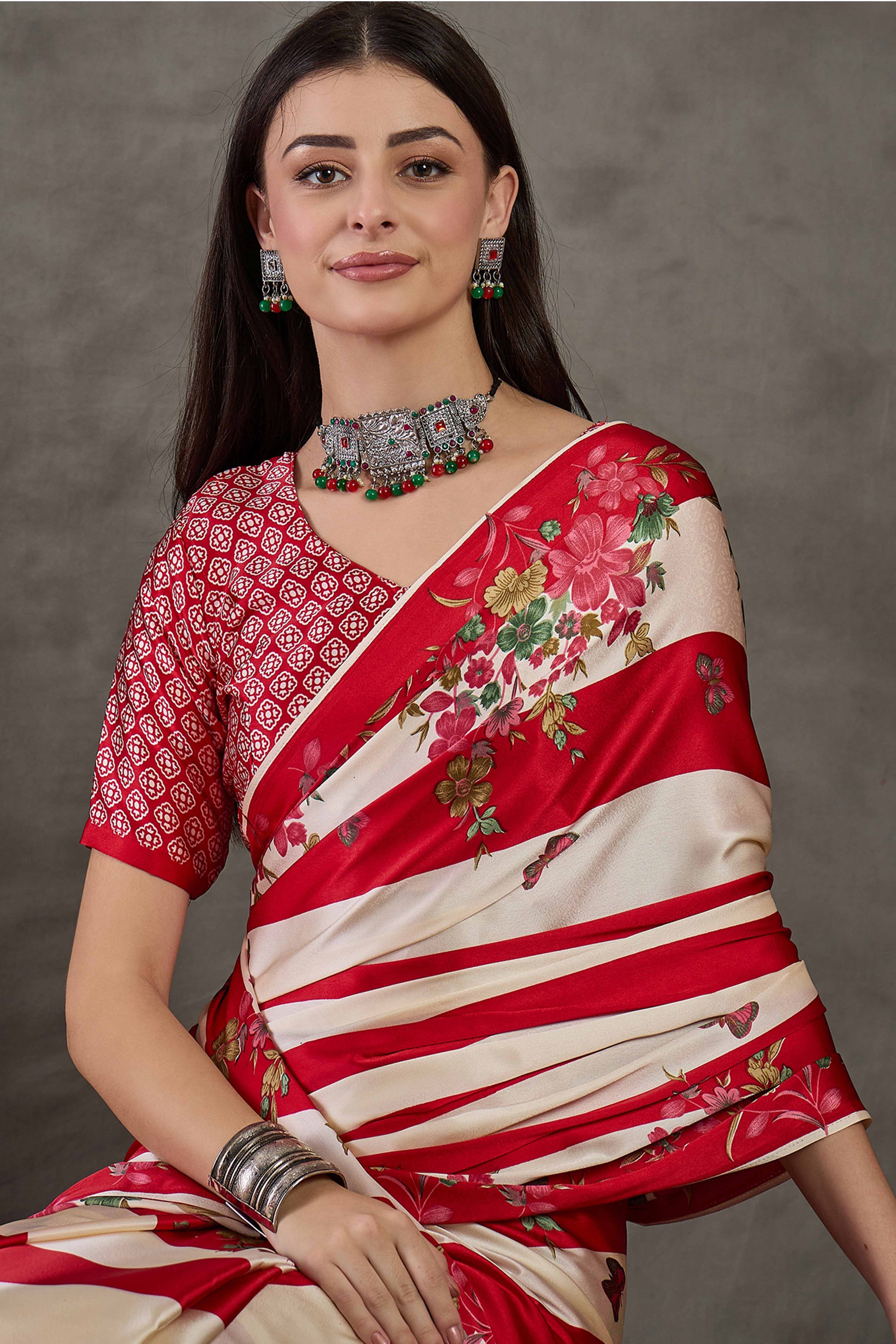 Red Floral Printed Modal Satin Party Wear Saree with a Smooth Satin Finish