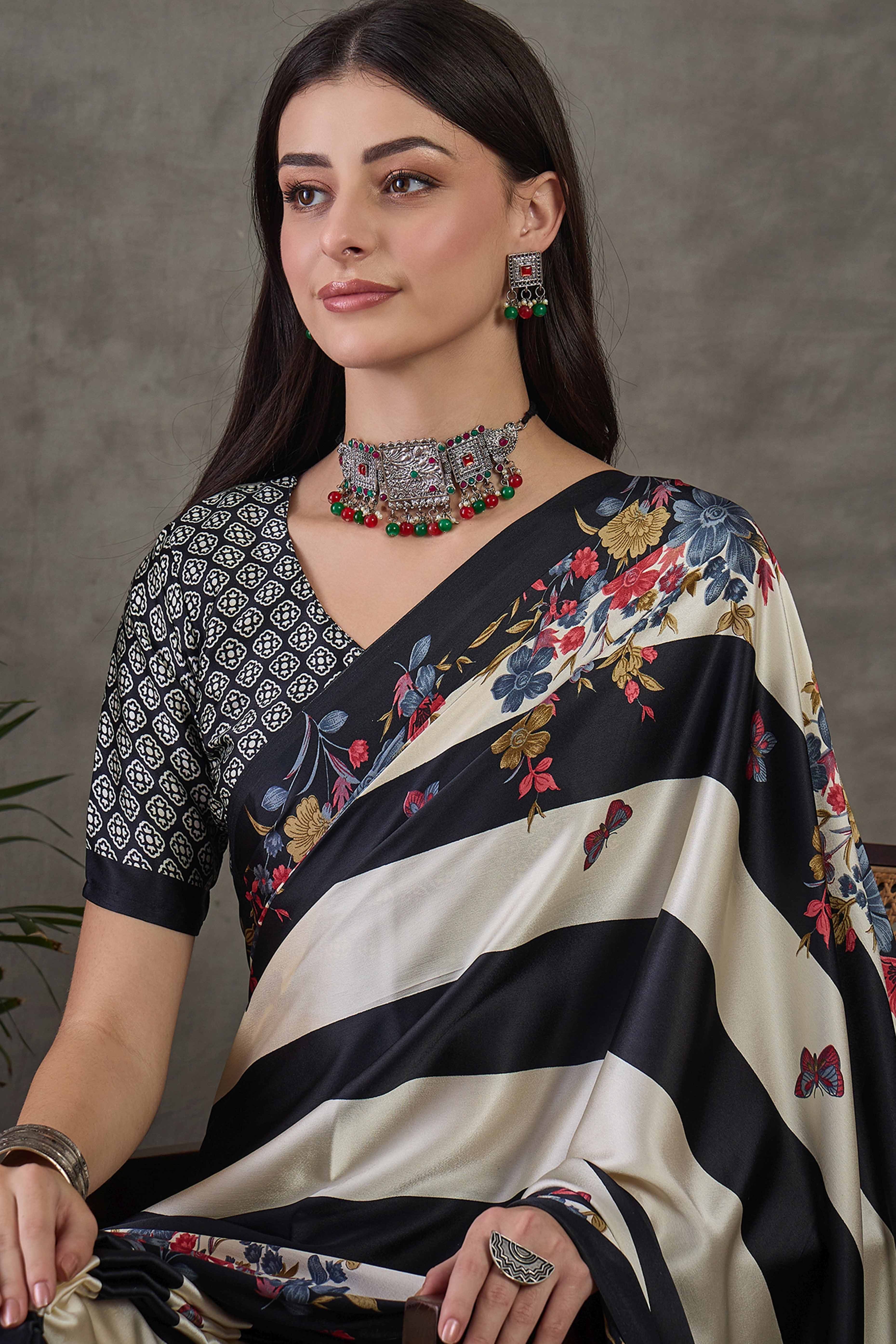 Black Floral Printed Modal Satin Party Wear Saree with a Smooth Satin Finish