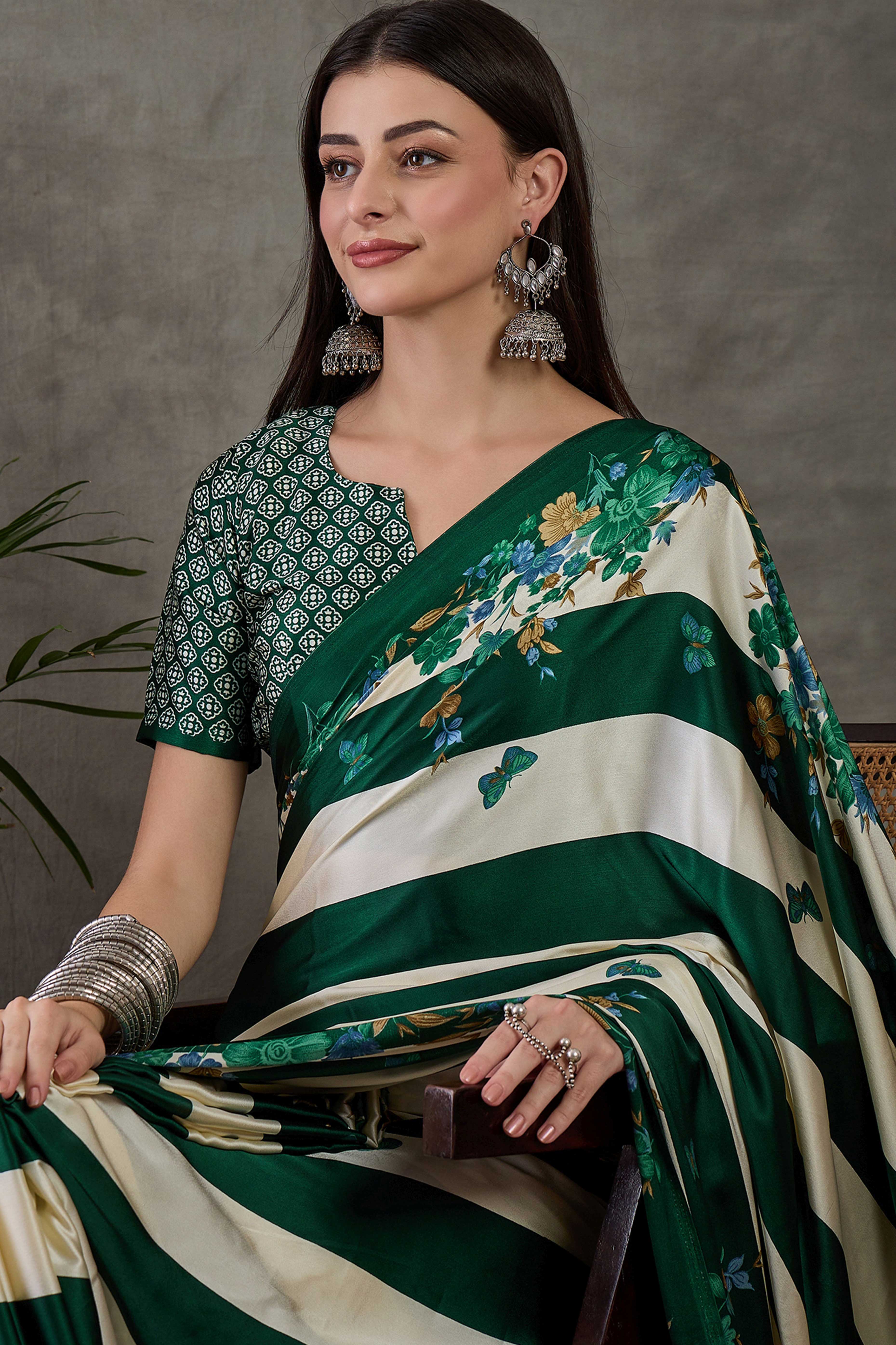 Green Floral Printed Modal Satin Party Wear Saree with a Smooth Satin Finish