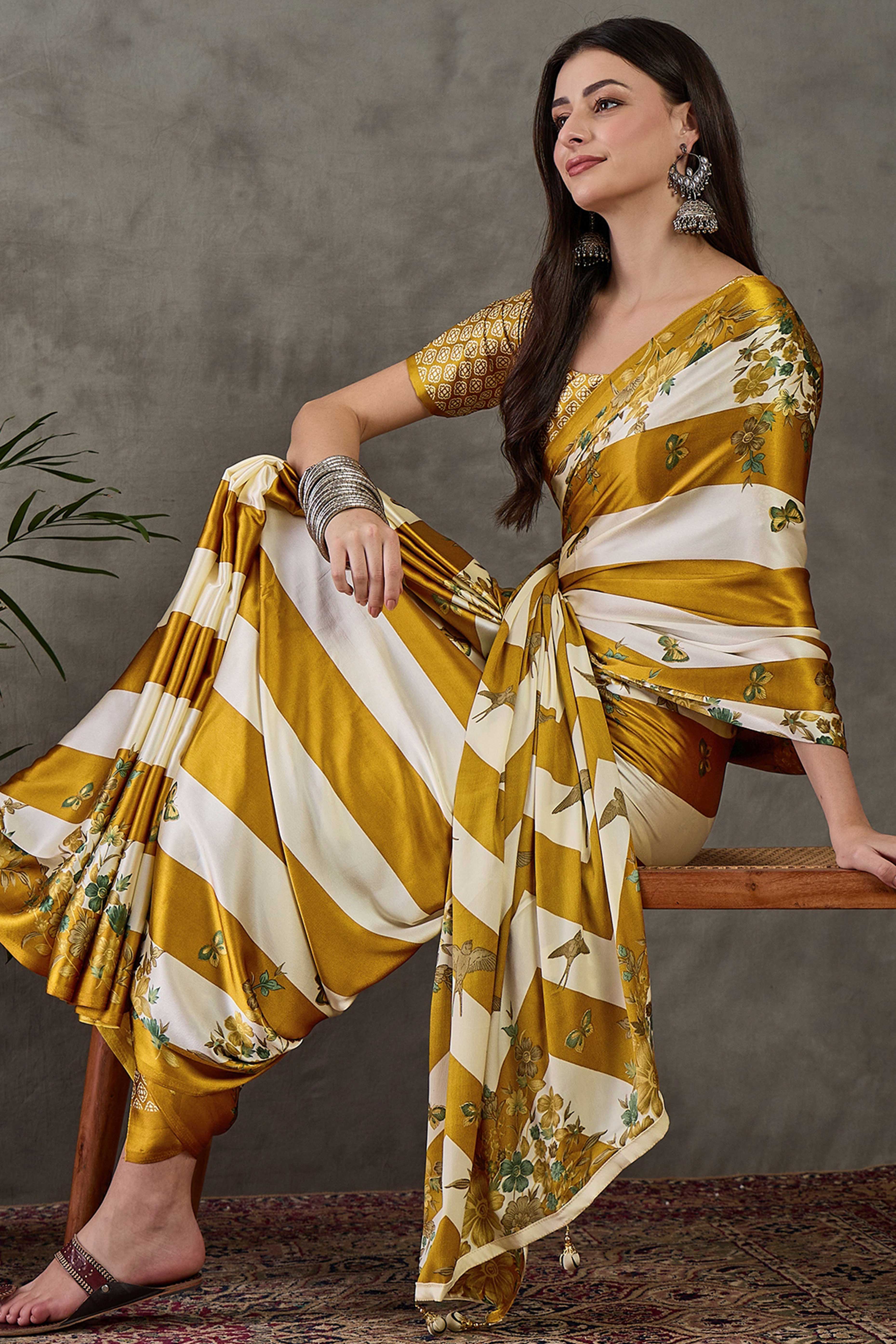 Olive Floral Printed Modal Satin Party Wear Saree with a Smooth Satin Finish