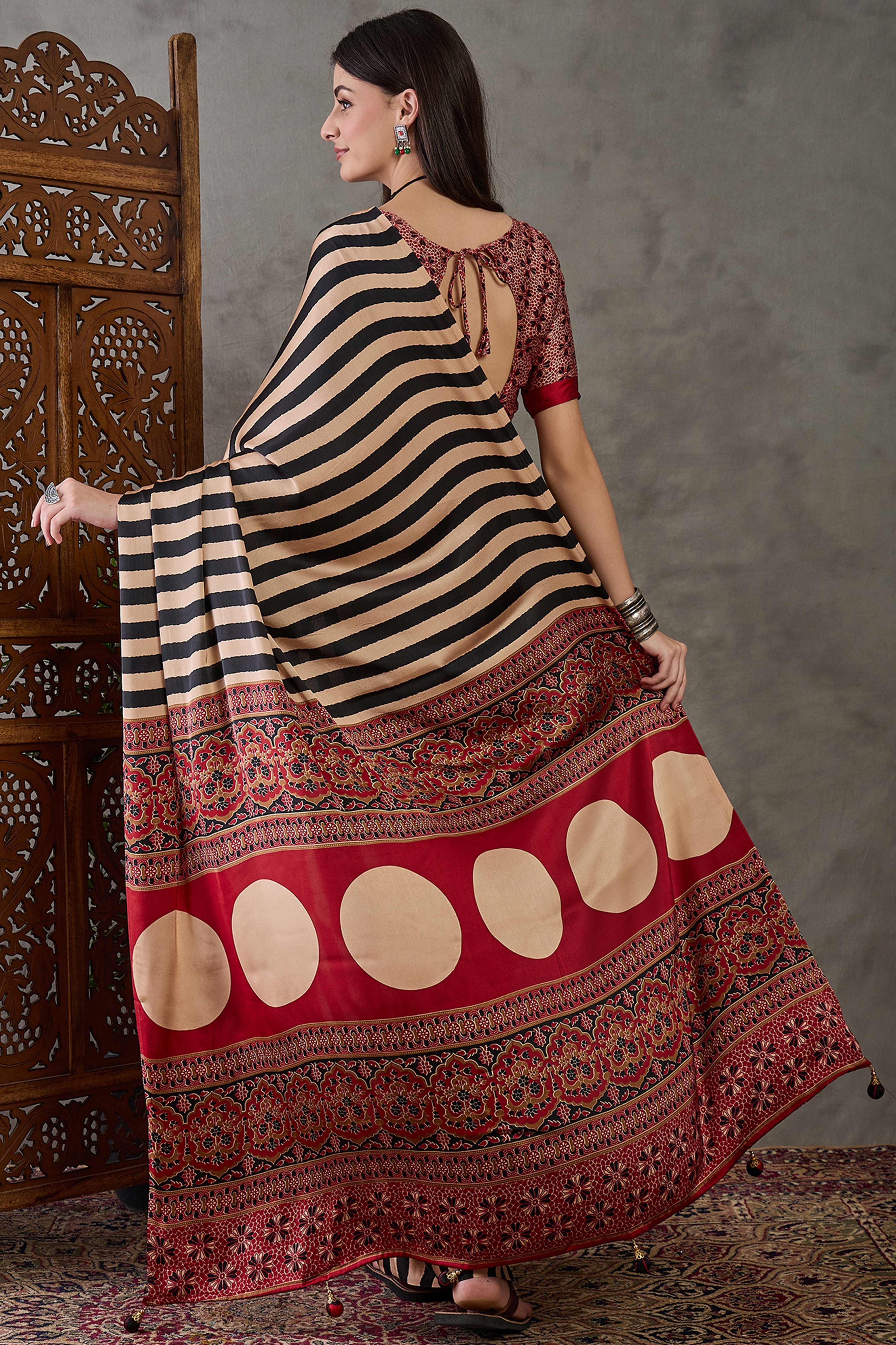 Black Modal Satin Saree with Subtle Stripe Design and Ajrakh Print on Pallu