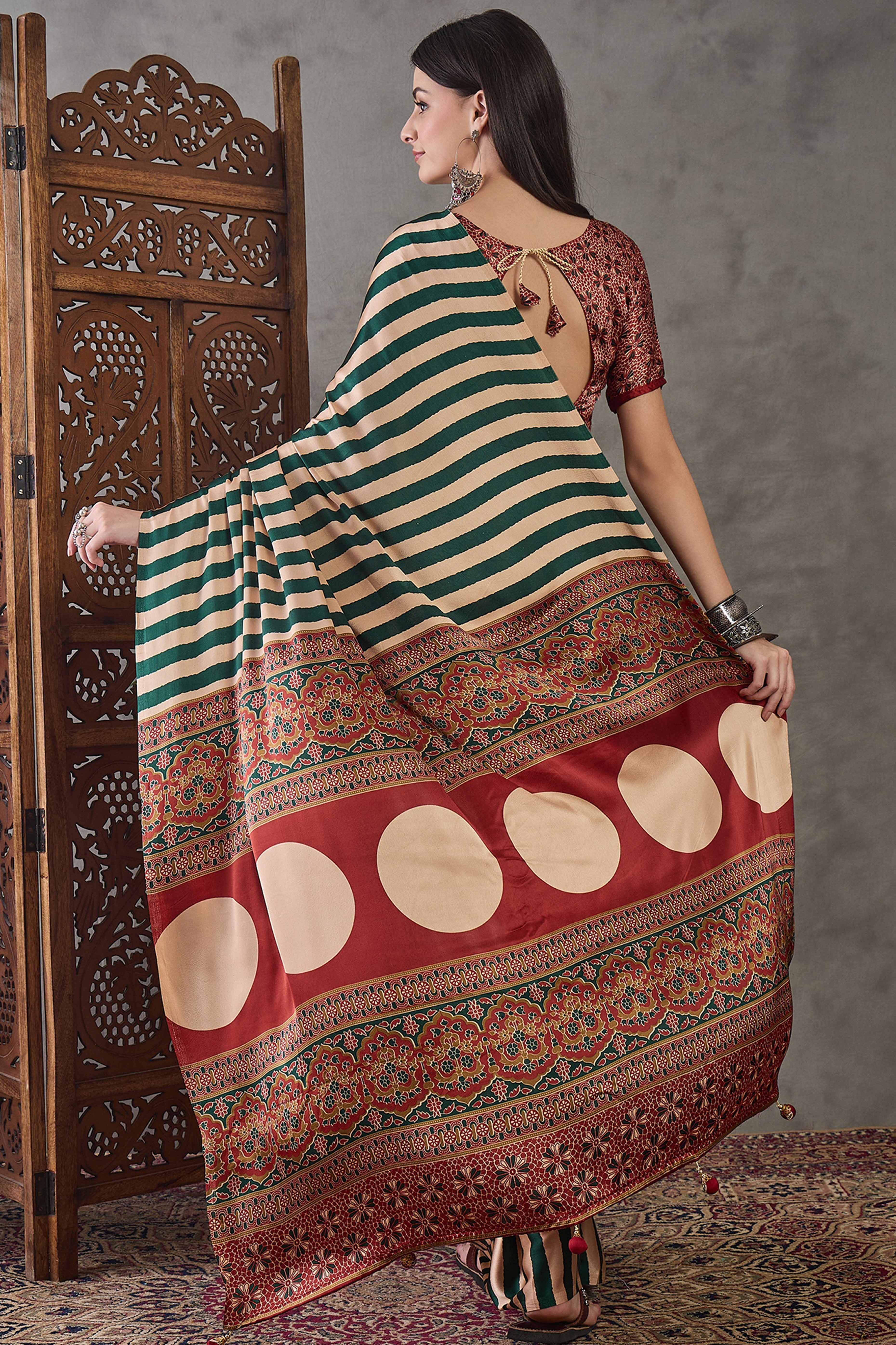 Green Modal Satin Saree with Subtle Stripe Design and Ajrakh Print on Pallu