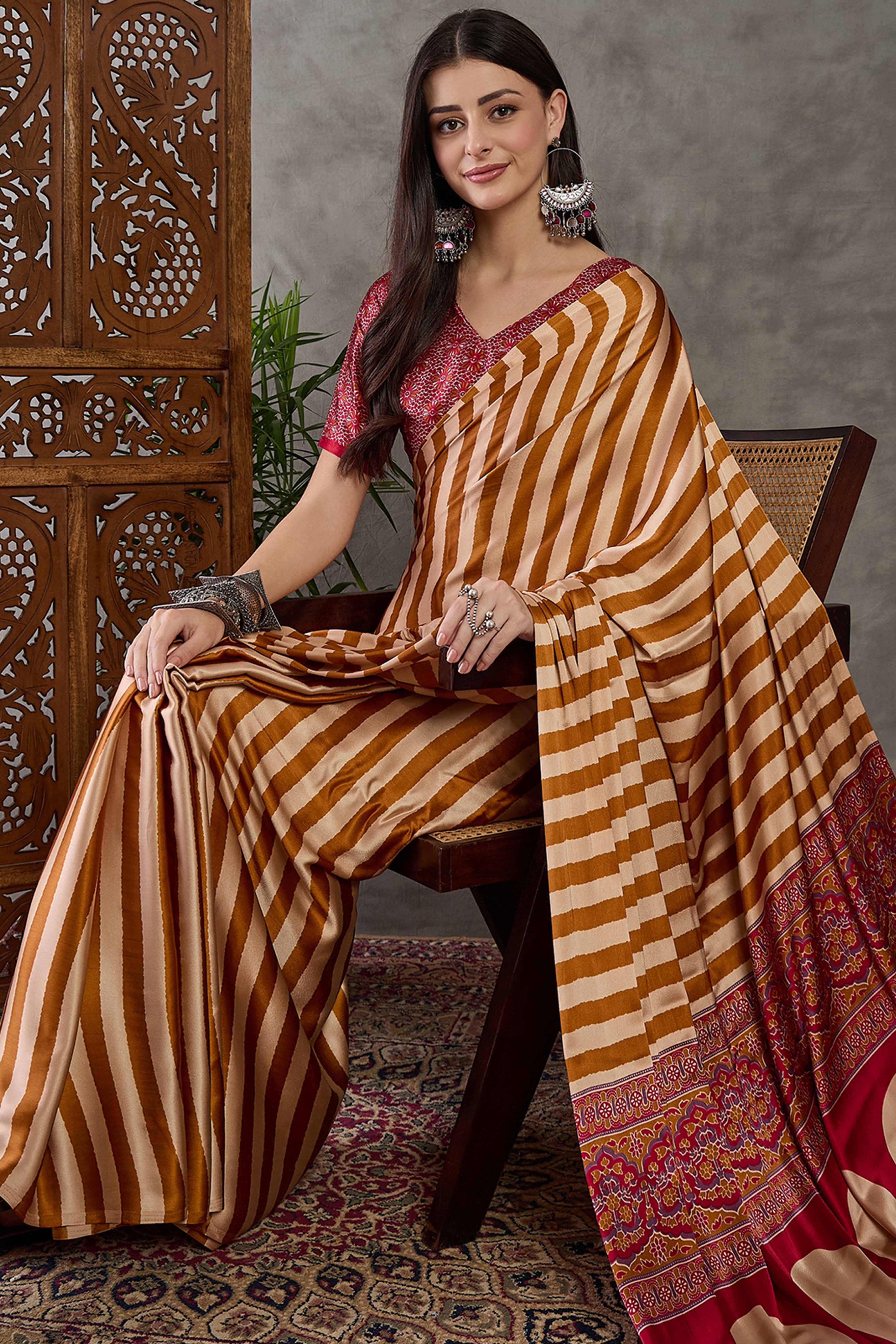 Yellow Modal Satin Saree with Subtle Stripe Design and Ajrakh Print on Pallu