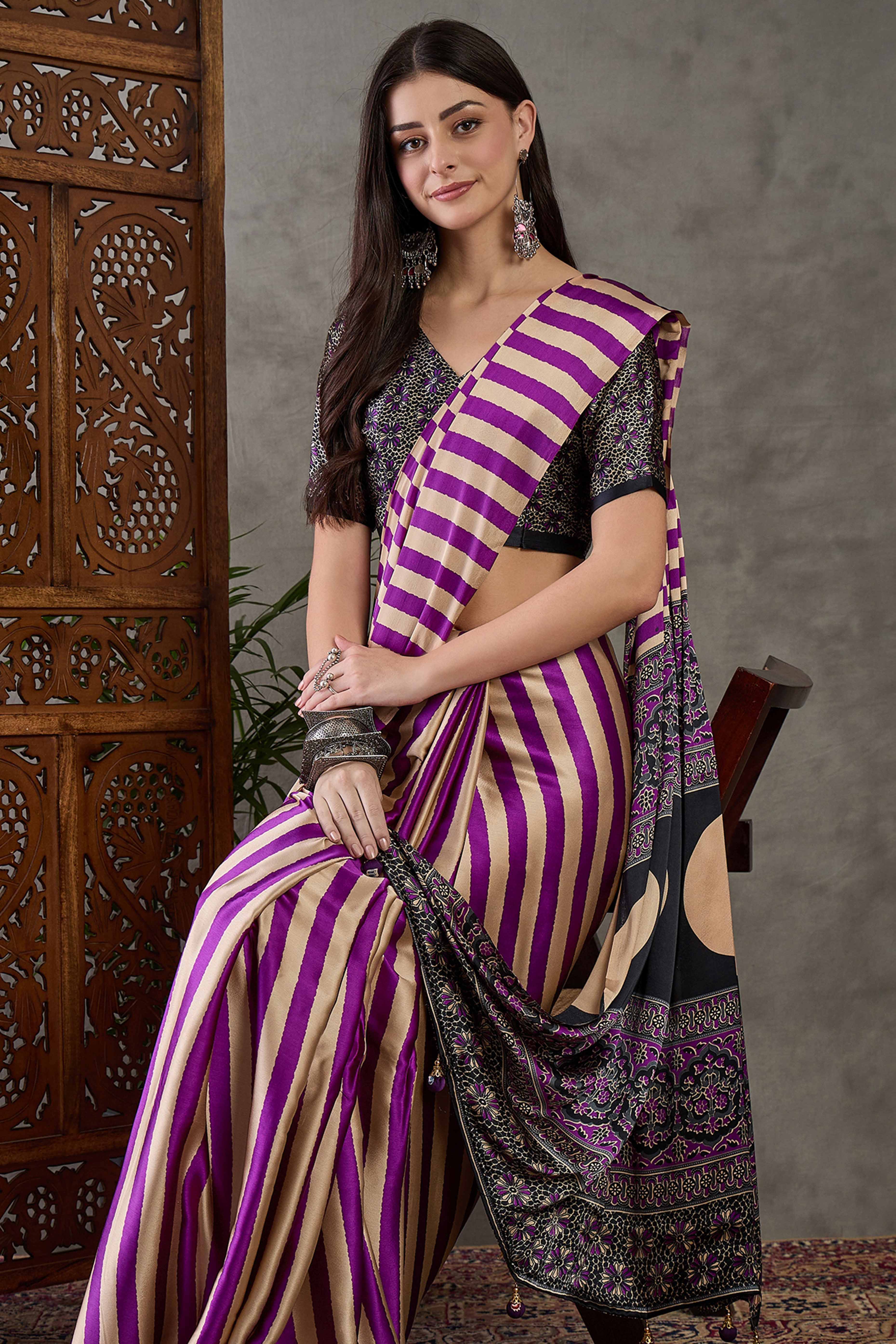 Purple Modal Satin Saree with Subtle Stripe Design and Ajrakh Print on Pallu