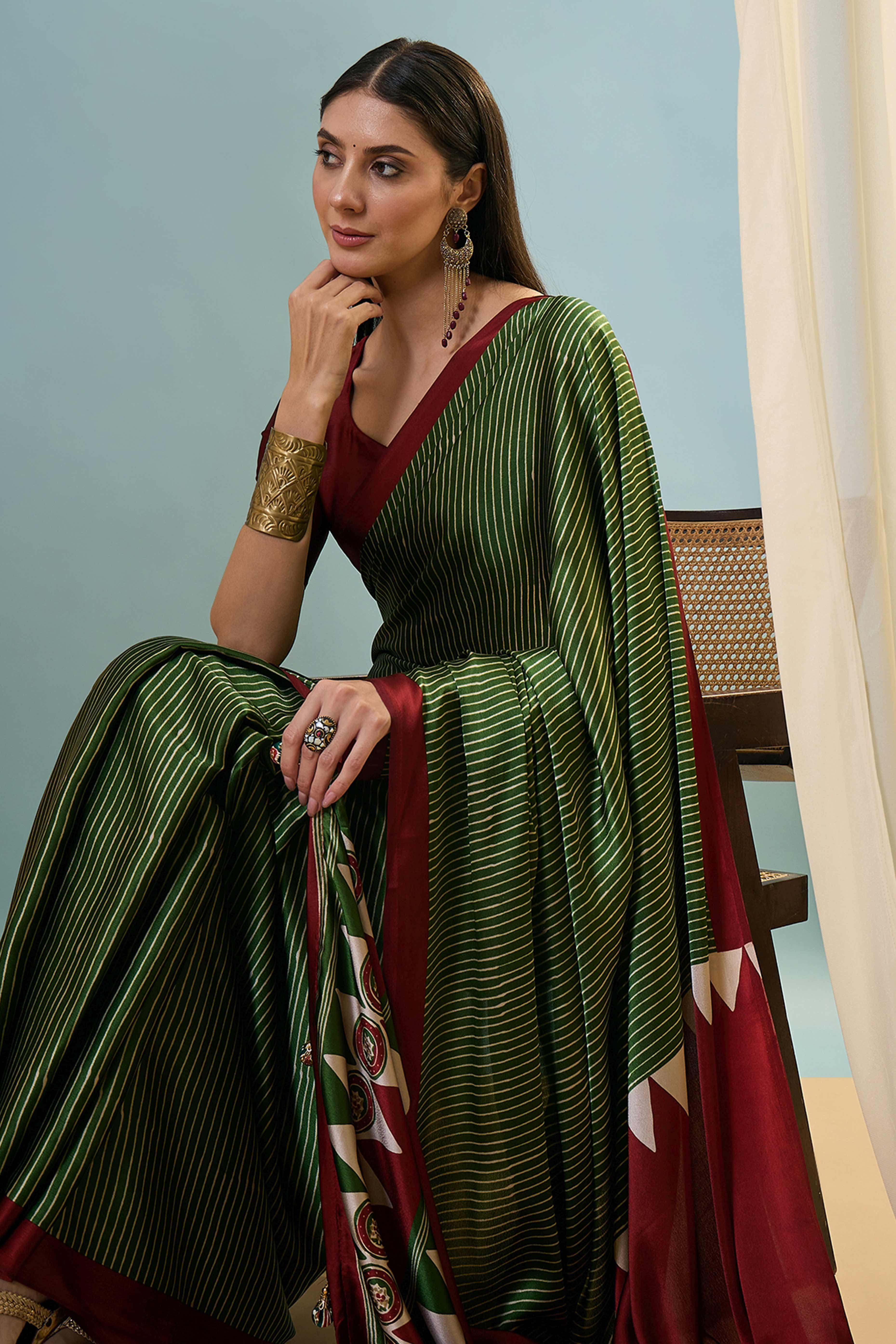 Green Ajrakh Print Satin Saree With Traditional Charm