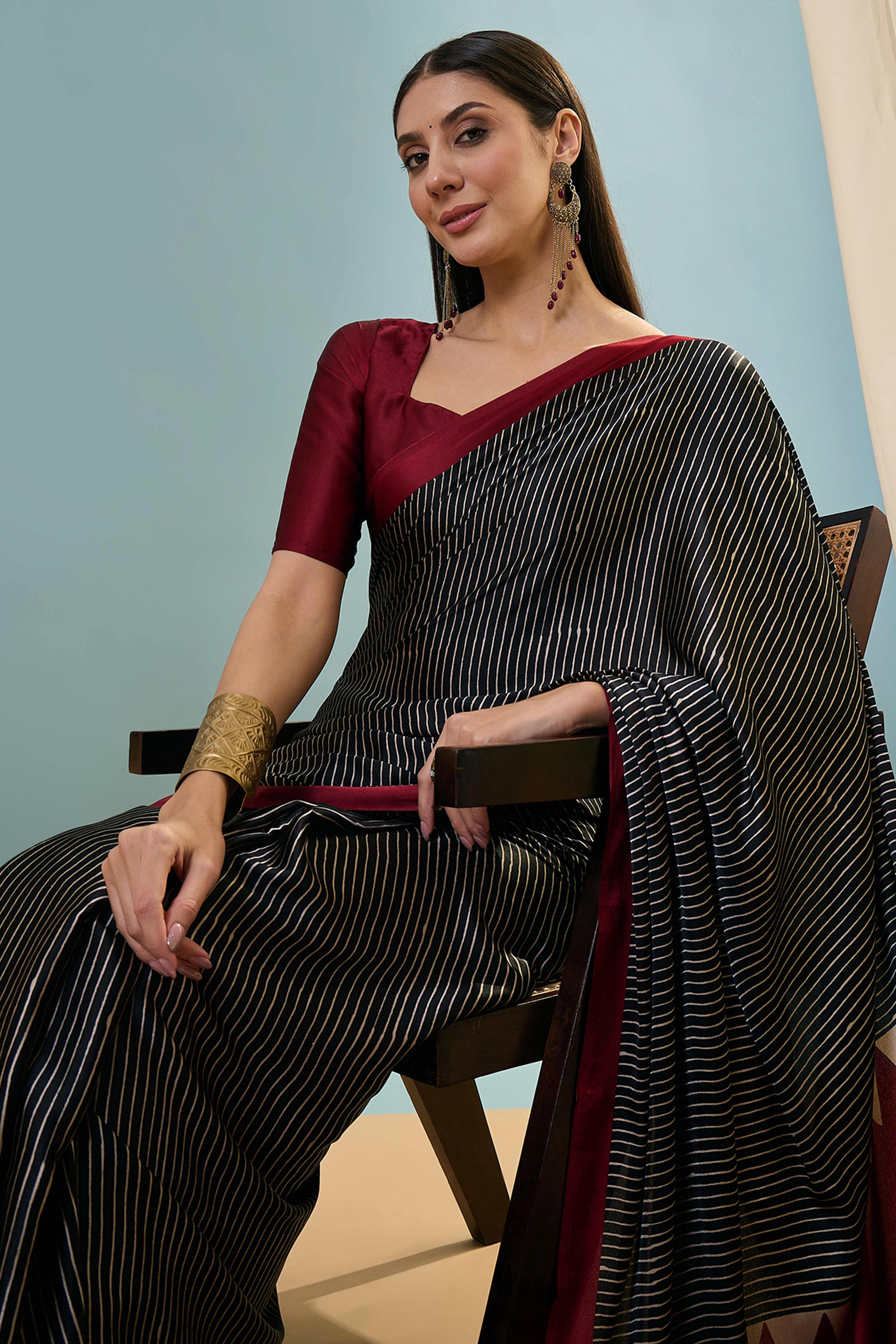 Black Ajrakh Print Satin Saree With Traditional Charm