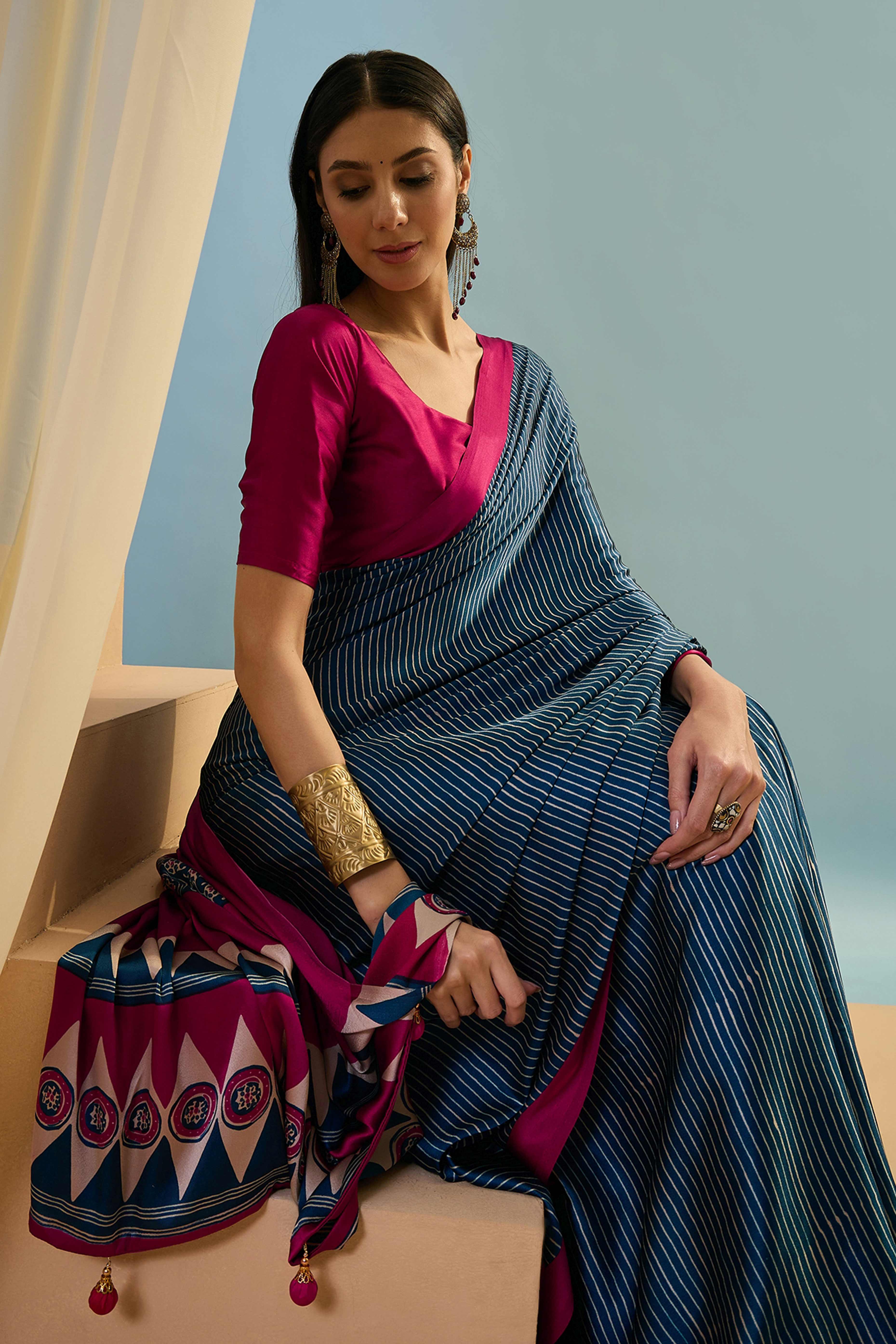 Blue Ajrakh Print Satin Saree With Traditional Charm