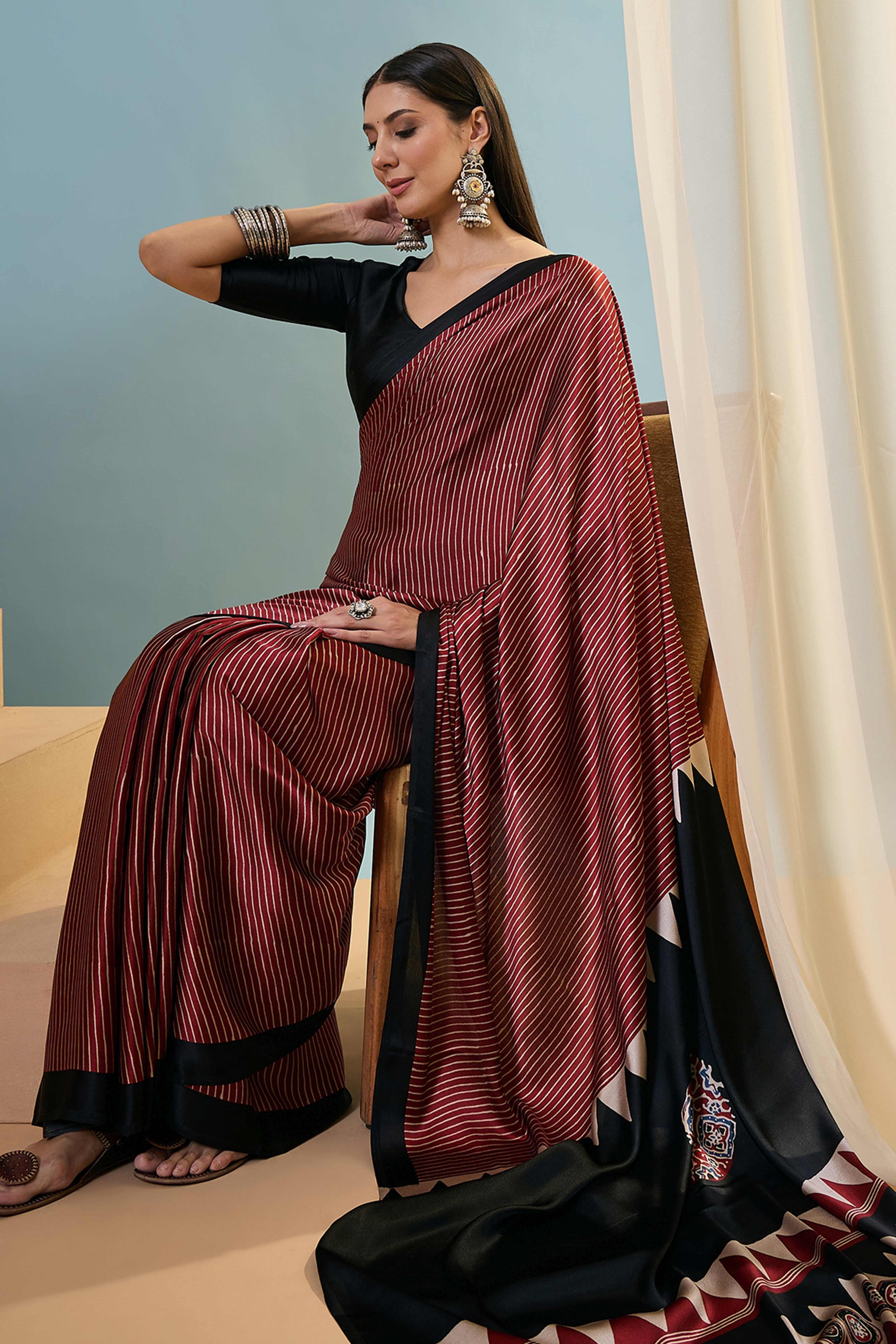 Maroon Ajrakh Print Satin Saree With Traditional Charm
