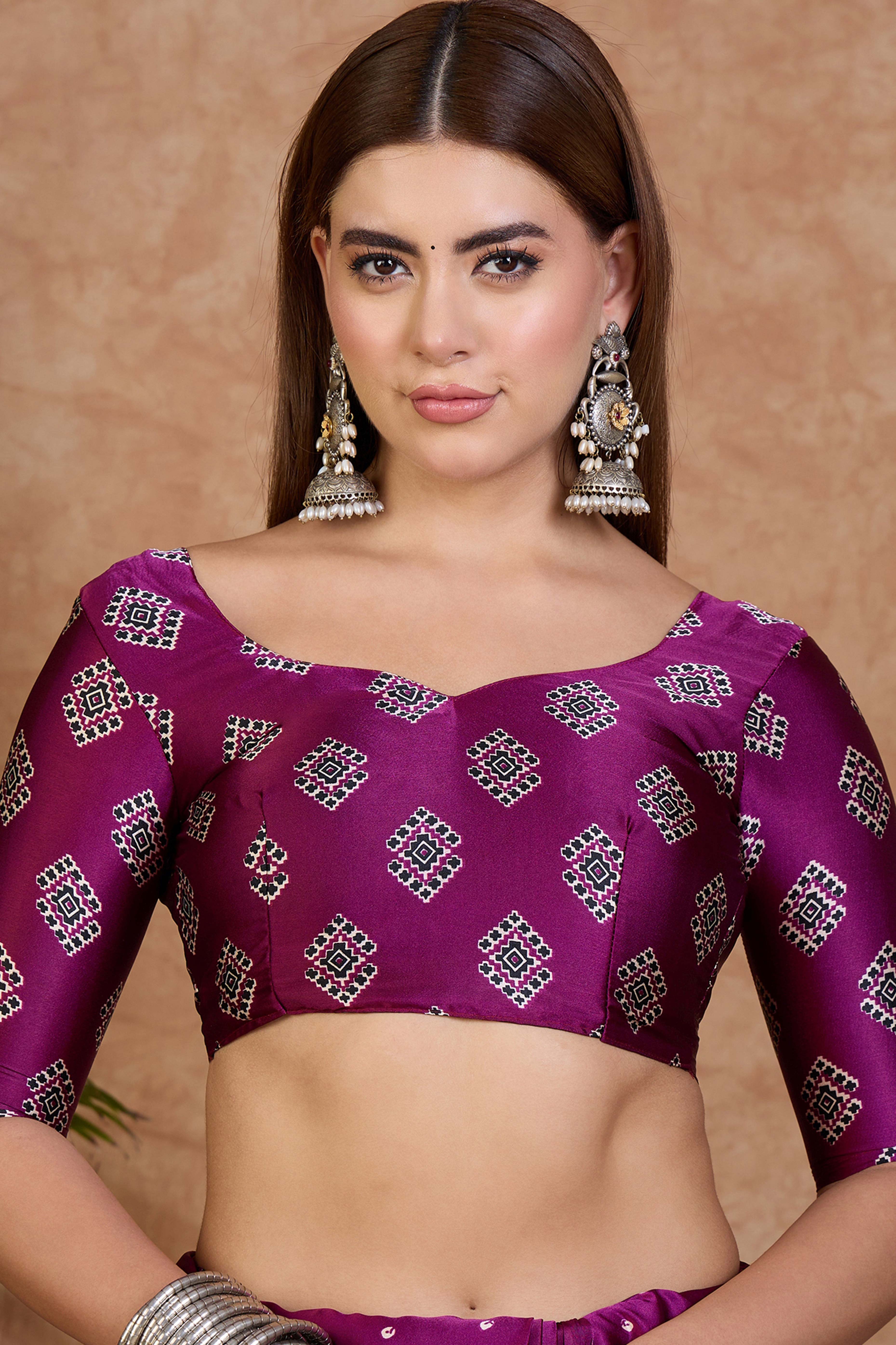 Wine Polka Dot Modal Satin Saree with Traditional Ajrakh Detailing on Pallu