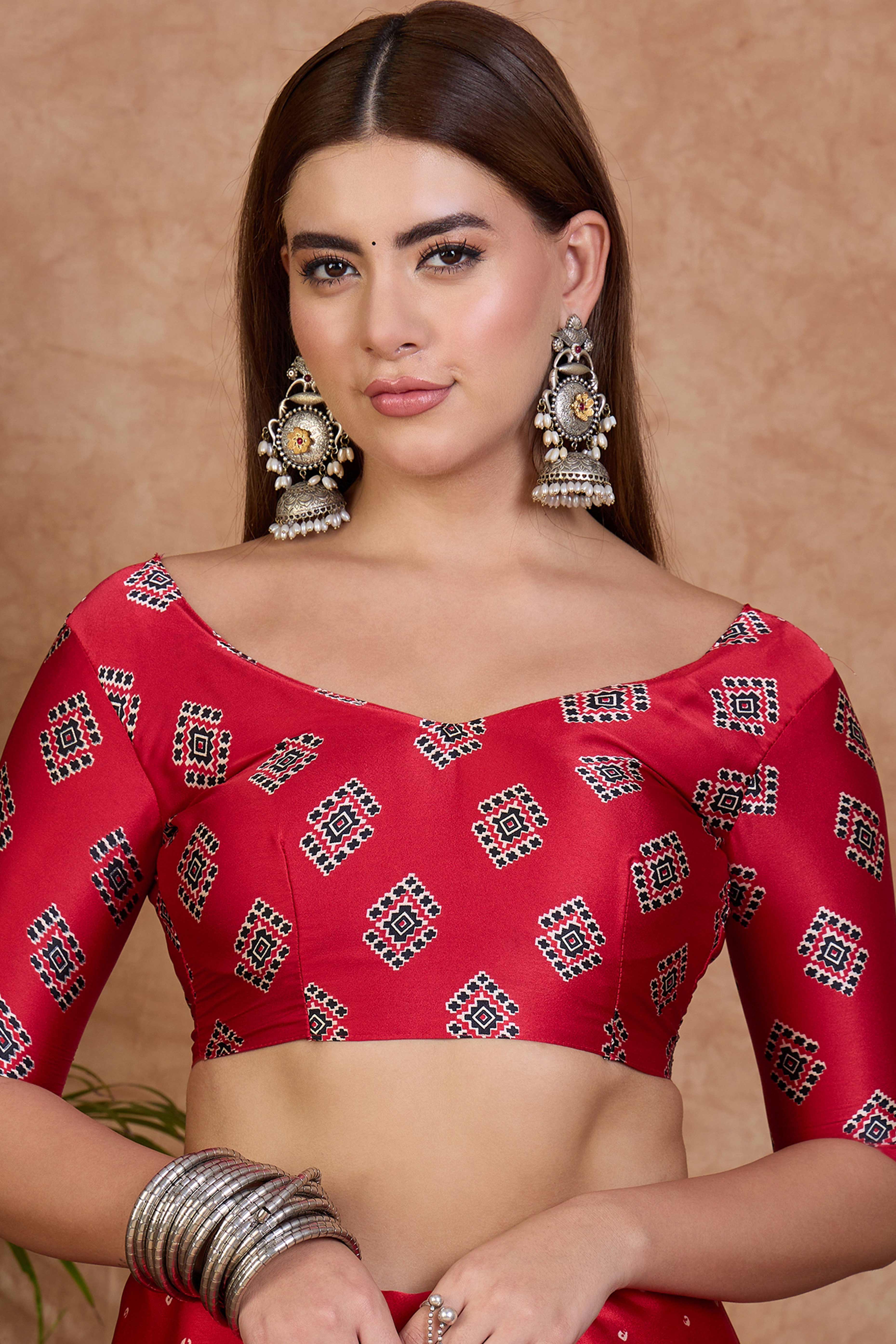 Red Polka Dot Modal Satin Saree with Traditional Ajrakh Detailing on Pallu