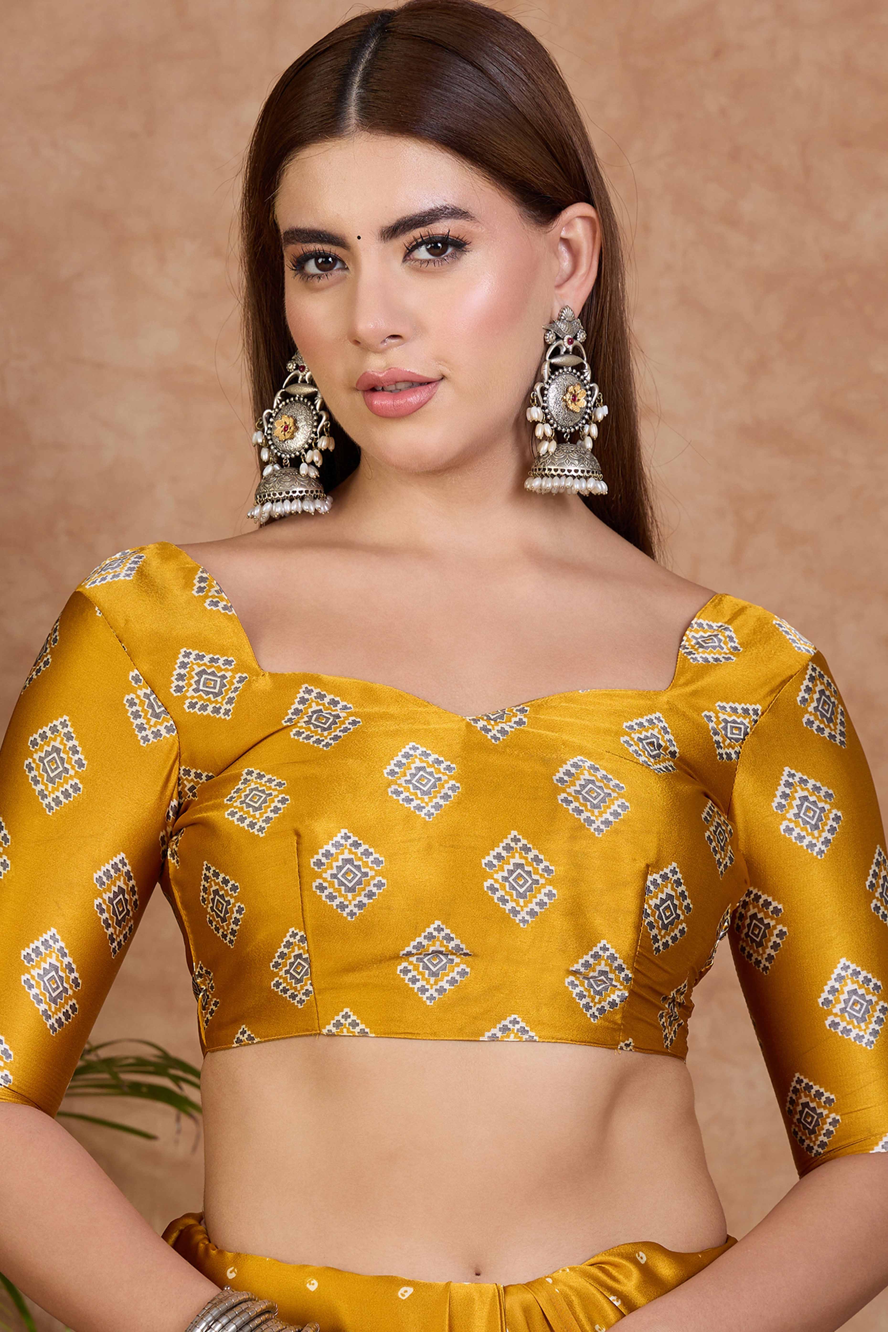 Mustard Polka Dot Modal Satin Saree with Traditional Ajrakh Detailing on Pallu